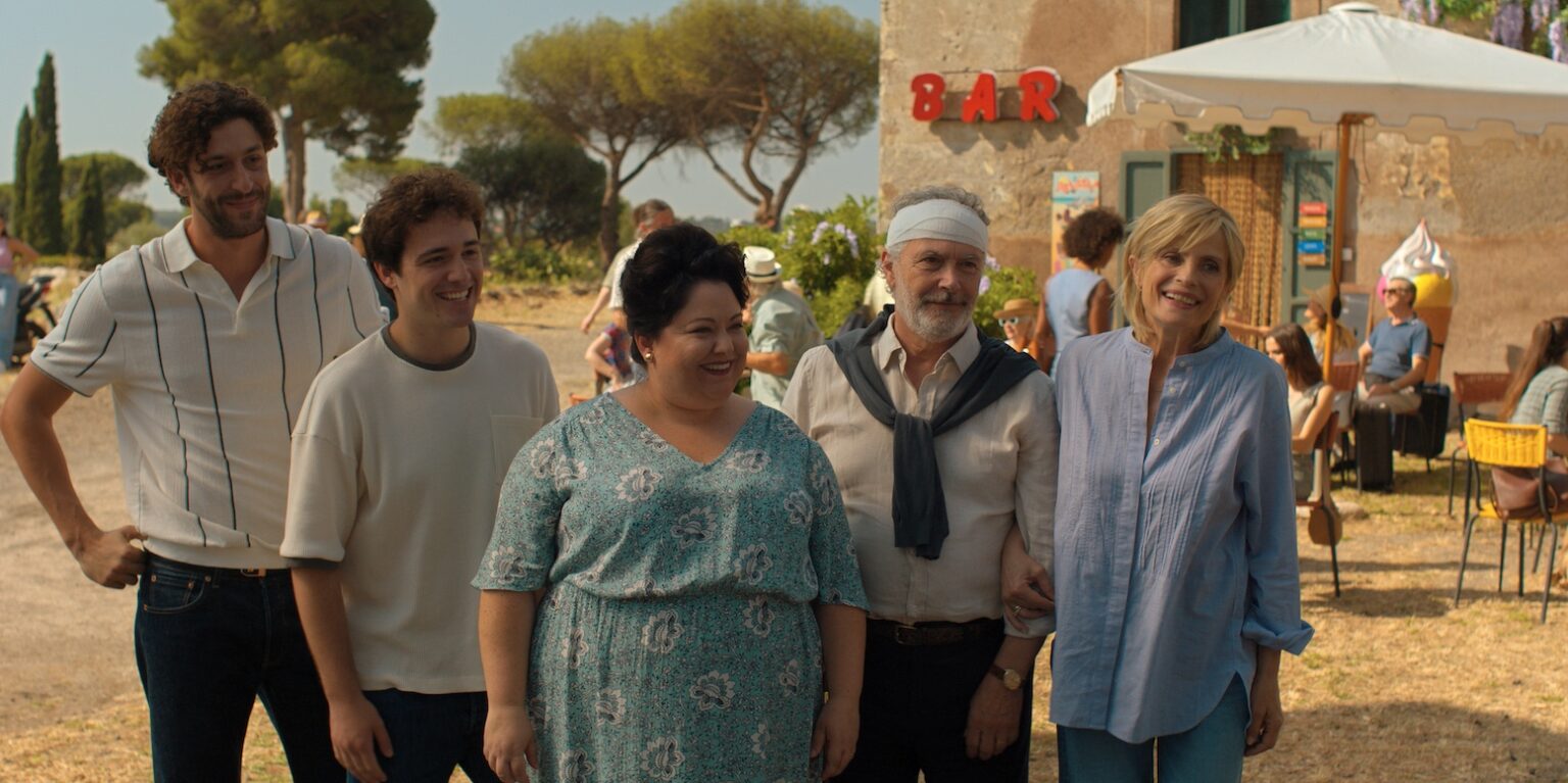 (from left) Matteo (Lorenzo de Moor), Enzo (Tommaso Cassissa), Francesca (Stella Pecollo), Vincenzo (Paolo Sassanelli) and Gabriella (Isabella Ferrari) in You, Me & Tuscany, directed by Kat Coiro.