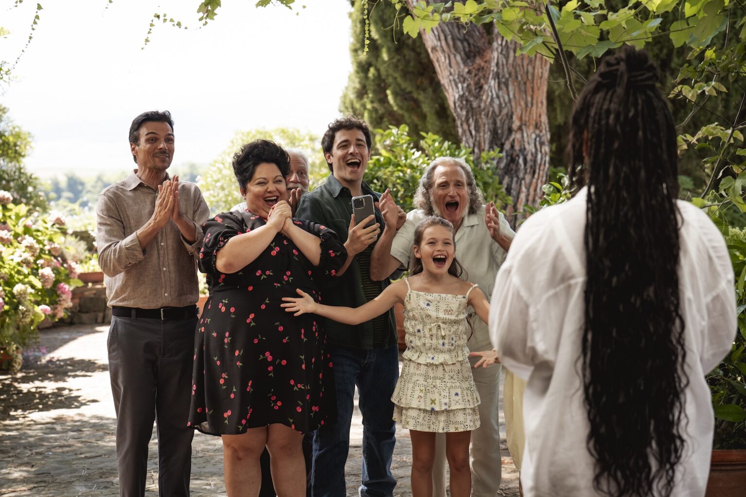 (from left) Leo (Luca Setaccioli), Francesca (Stella Pecollo), Roberto (Agazio Olanda), Enzo (Tommaso Cassissa), Bella (Beatrice Skyler Rigel), Roberto (Giacomo Giacopini) and Anna (Halle Bailey) in You, Me & Tuscany, directed by Kat Coiro.