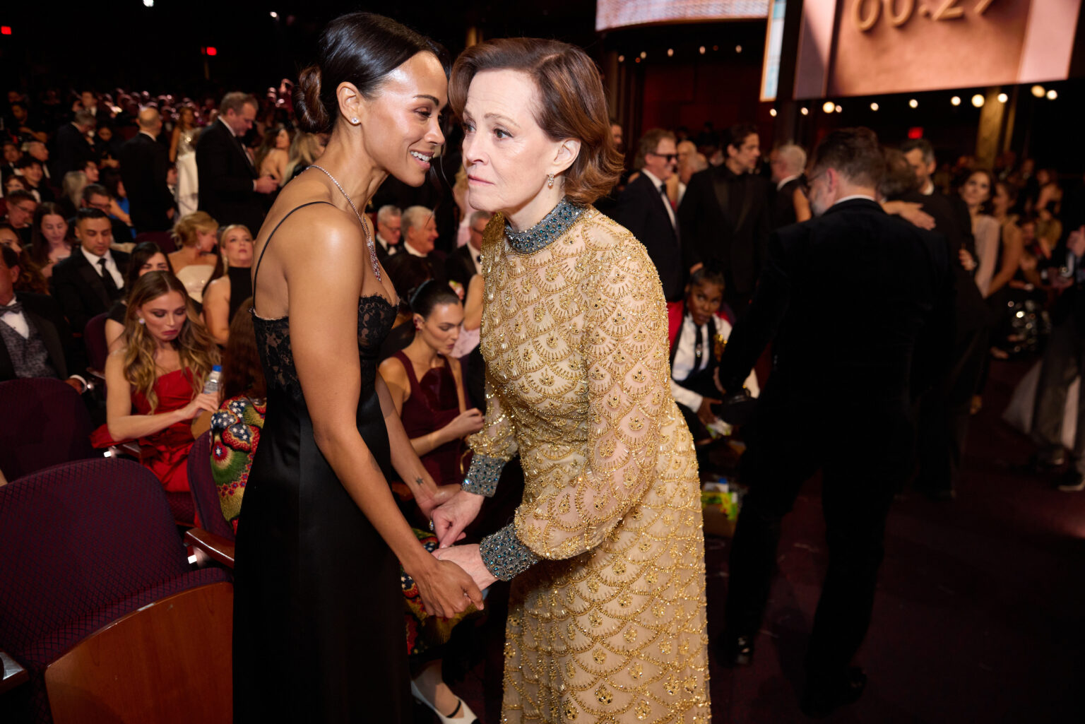 Zoë Saldaña and Sigourney Weaver in the audience during the 98th Oscars® at the Dolby Theatre at Ovation Hollywood in Los Angeles, CA, on Sunday, March 15, 2026.