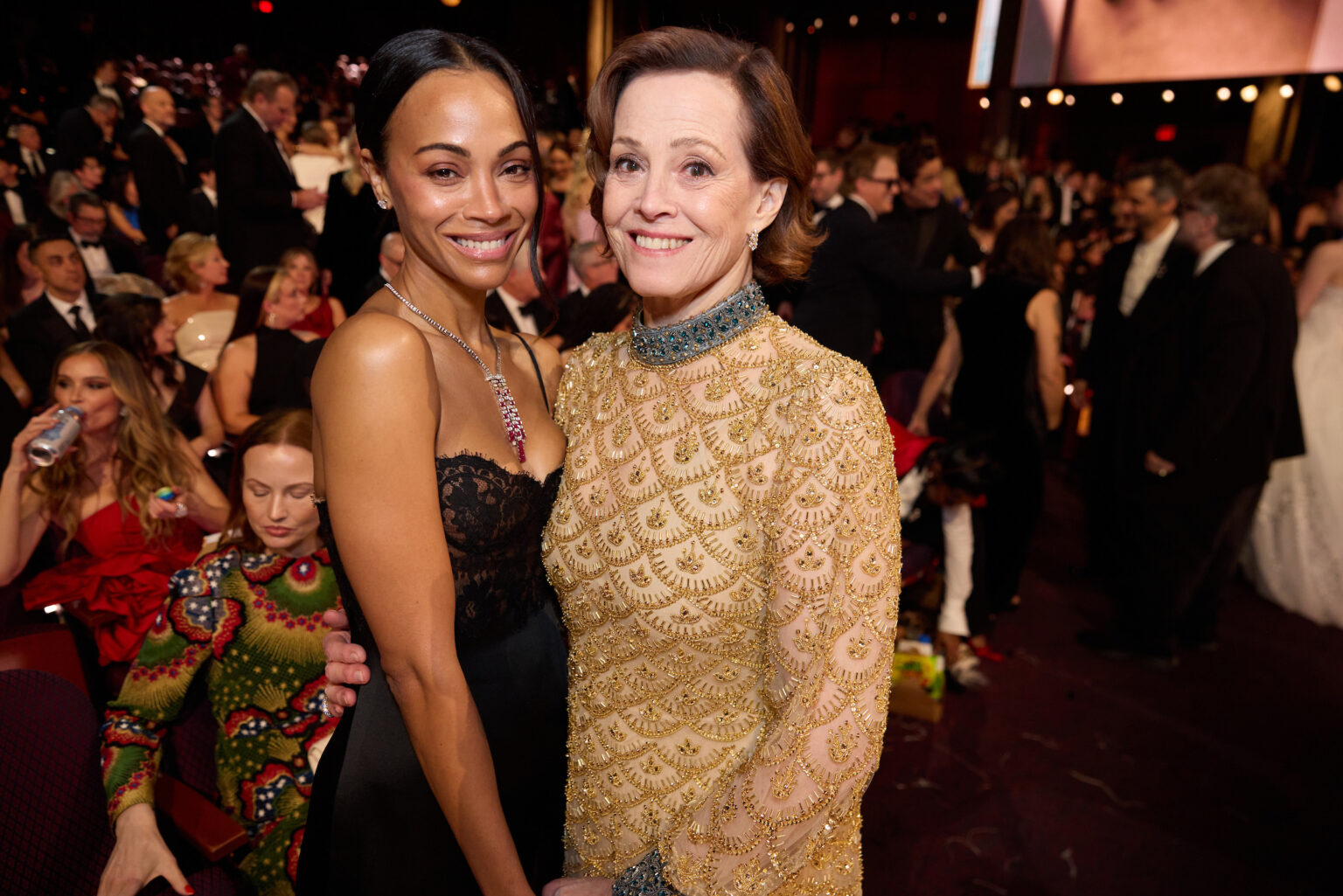 Zoë Saldaña and Sigourney Weaver in the audience during the 98th Oscars® at the Dolby Theatre at Ovation Hollywood in Los Angeles, CA, on Sunday, March 15, 2026.