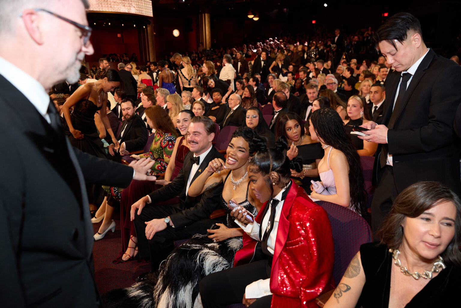 Paul Thomas Anderson, Leonardo DiCaprio, and Teyana Taylor in the audience during the 98th Oscars® at the Dolby Theatre at Ovation Hollywood in Los Angeles, CA, on Sunday, March 15, 2026.