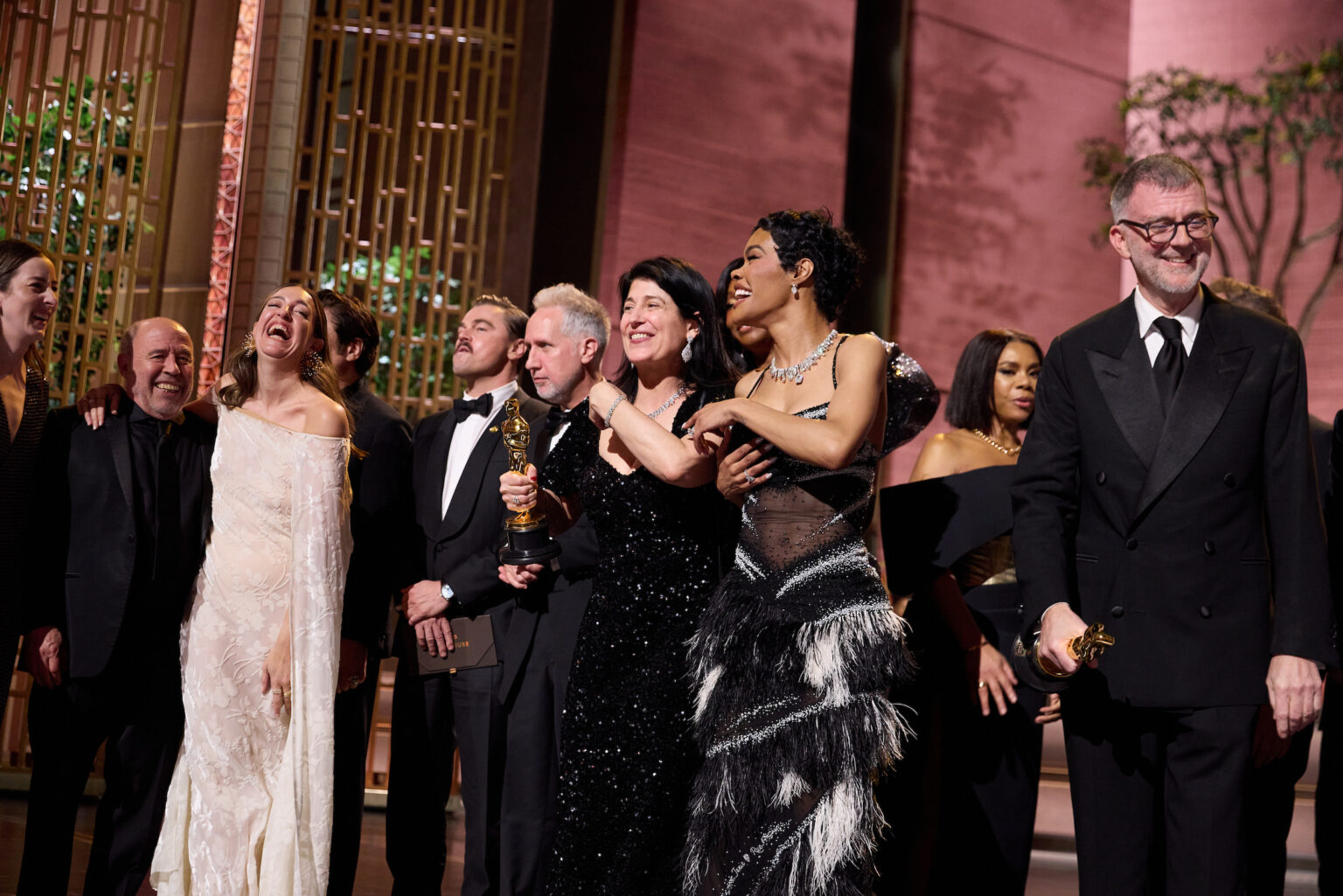 Paul Thomas Anderson, Sarah Murphy, Anthony Carlino, Will Weiske, Andy Jurgensen, Teyana Taylor, Michael Bauman, Cassandra Kulukundis, Regina Hall, Shayna McHale aka Junglepussy, Leonardo DiCaprio, Chase Infiniti and Benicio del Toro accept the Oscar® for Best Picture during the 98th Oscars® at the Dolby® Theatre at Ovation Hollywood on Sunday, March 15, 2026.