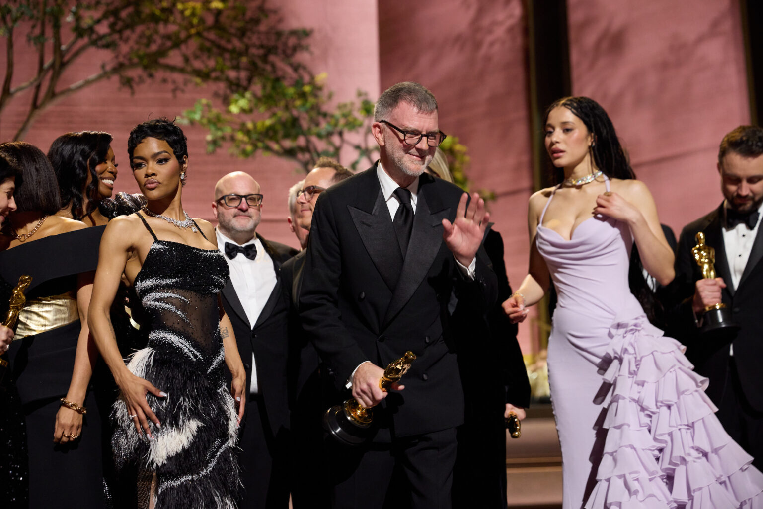Paul Thomas Anderson, Sarah Murphy, Anthony Carlino, Will Weiske, Andy Jurgensen, Teyana Taylor, Michael Bauman, Cassandra Kulukundis, Regina Hall, Shayna McHale aka Junglepussy, Leonardo DiCaprio, Chase Infiniti and Benicio del Toro accept the Oscar® for Best Picture during the 98th Oscars® at the Dolby® Theatre at Ovation Hollywood on Sunday, March 15, 2026.