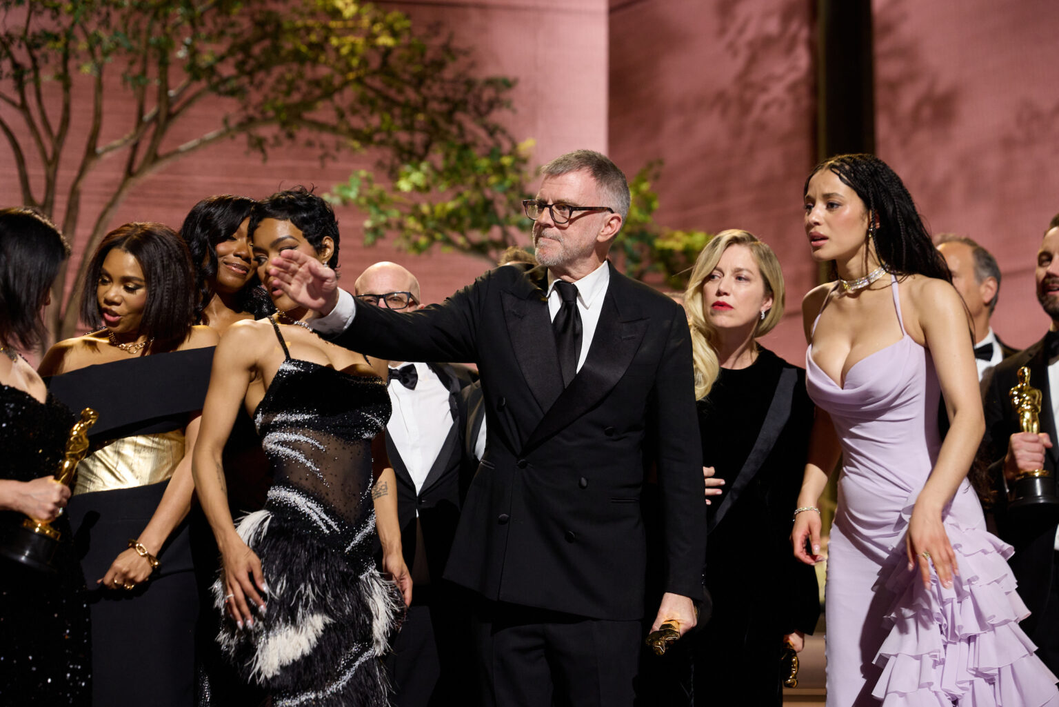 Paul Thomas Anderson, Sarah Murphy, Anthony Carlino, Will Weiske, Andy Jurgensen, Teyana Taylor, Michael Bauman, Cassandra Kulukundis, Regina Hall, Shayna McHale aka Junglepussy, Leonardo DiCaprio, Chase Infiniti and Benicio del Toro accept the Oscar® for Best Picture during the 98th Oscars® at the Dolby® Theatre at Ovation Hollywood on Sunday, March 15, 2026.