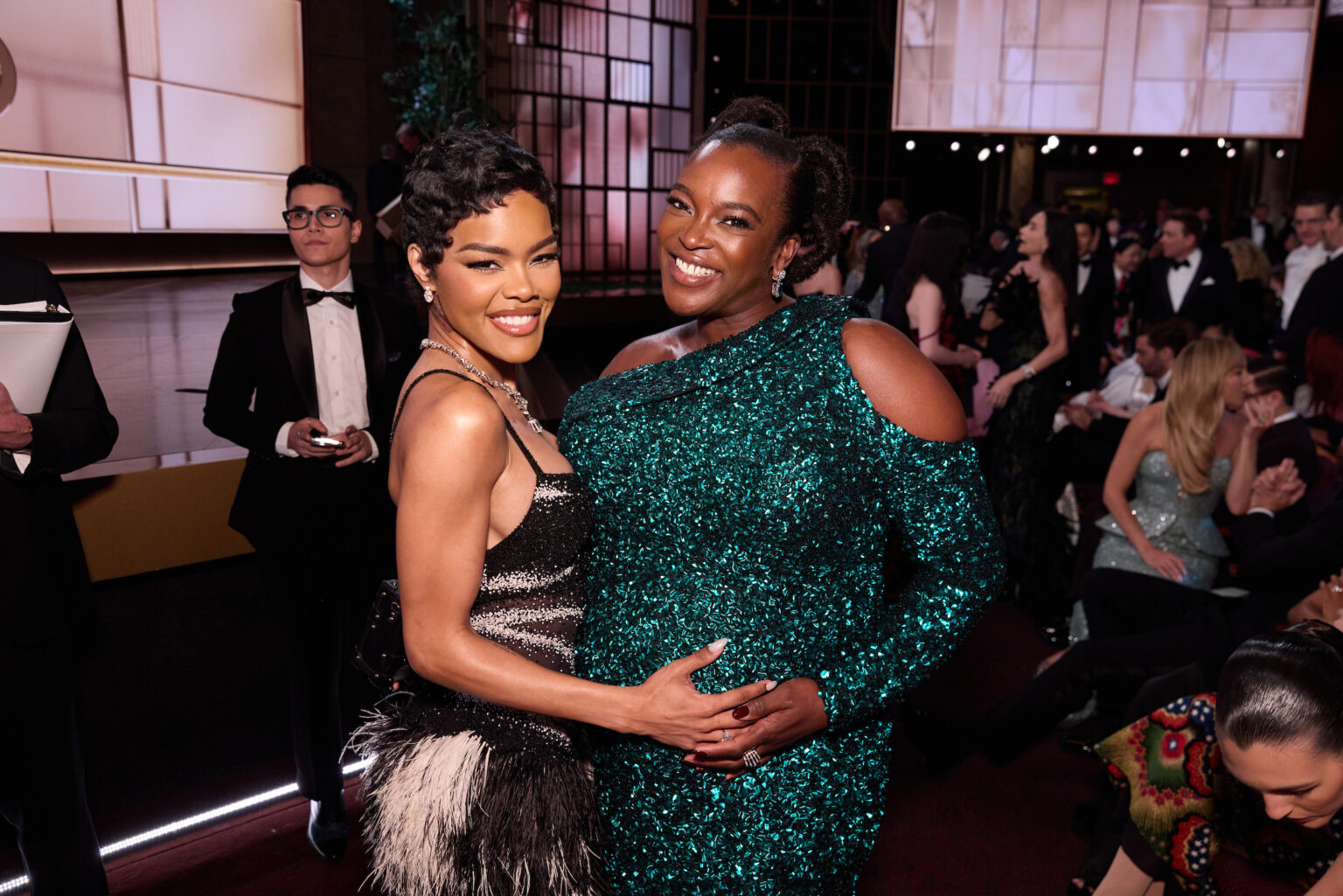 Teyana Taylor and Wunmi Mosaku pose during the live 98th Oscars® at the Dolby Theatre at Ovation Hollywood in Los Angeles, CA, on Sunday, March 15, 2026.