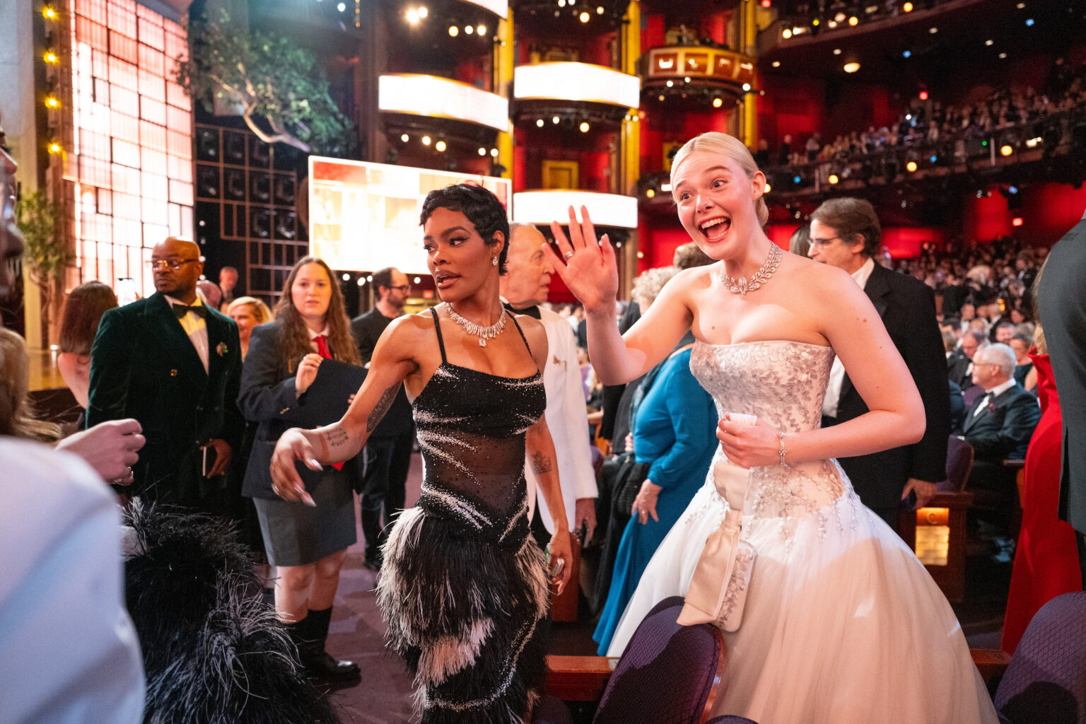 Teyana Taylor and Elle Fanning attend the 98th Oscars® at the Dolby Theatre at Ovation Hollywood in Los Angeles, CA, on Sunday, March 15, 2026.