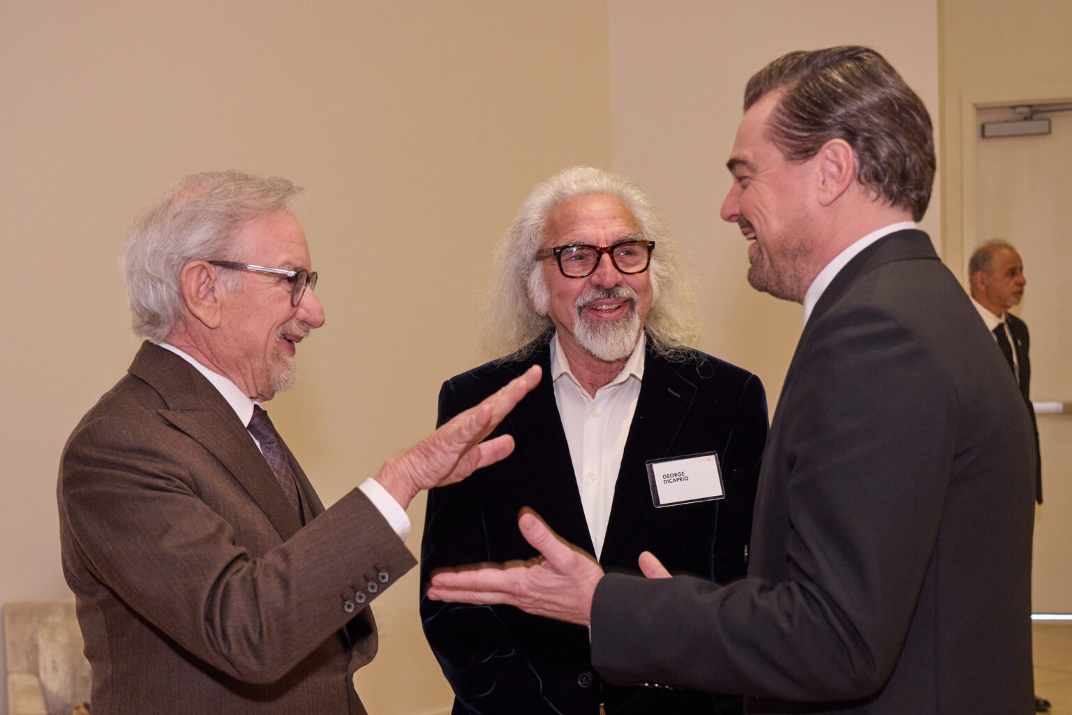 Steven Spielberg, George DiCaprio and Leonardo DiCaprio at the Oscar Nominee Luncheon held in the International Ballroom at the Beverly Hilton on Tuesday, February 10, 2026.