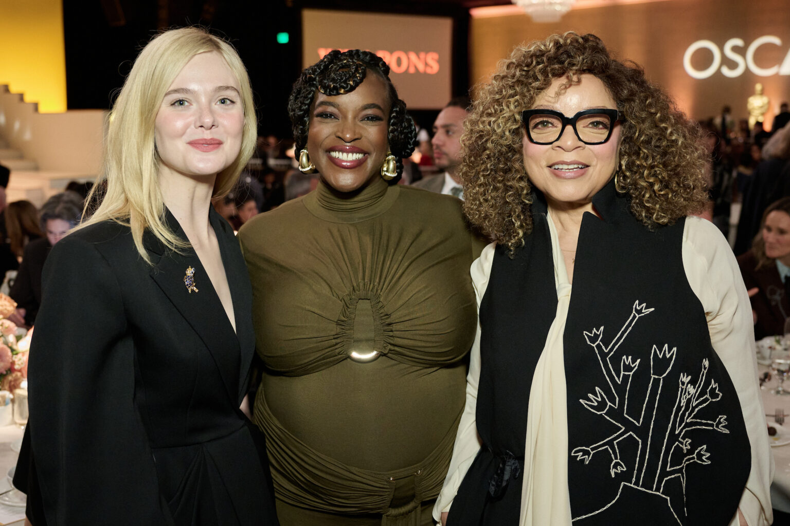 Elle Fanning, Wunmi Mosaku and Ruth E. Carter at the Oscar Nominee Luncheon held in the International Ballroom at the Beverly Hilton on Tuesday, February 10, 2026.