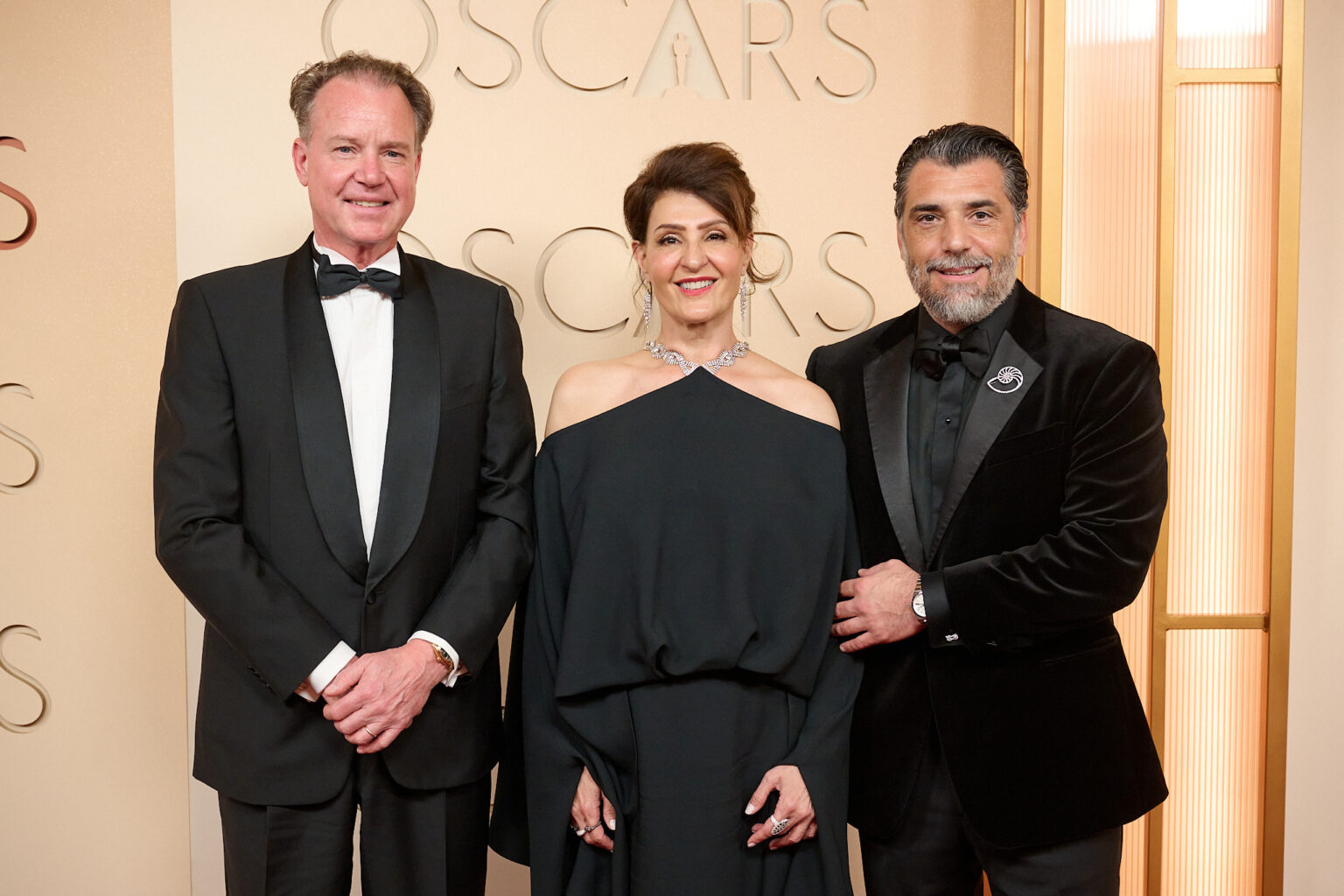 Benoit Falletti, Nia Vardalos and Spiros Katsagans arrive on the red carpet of the 98th Oscars® at the Dolby® Theatre at Ovation Hollywood on Sunday, March 15, 2026.