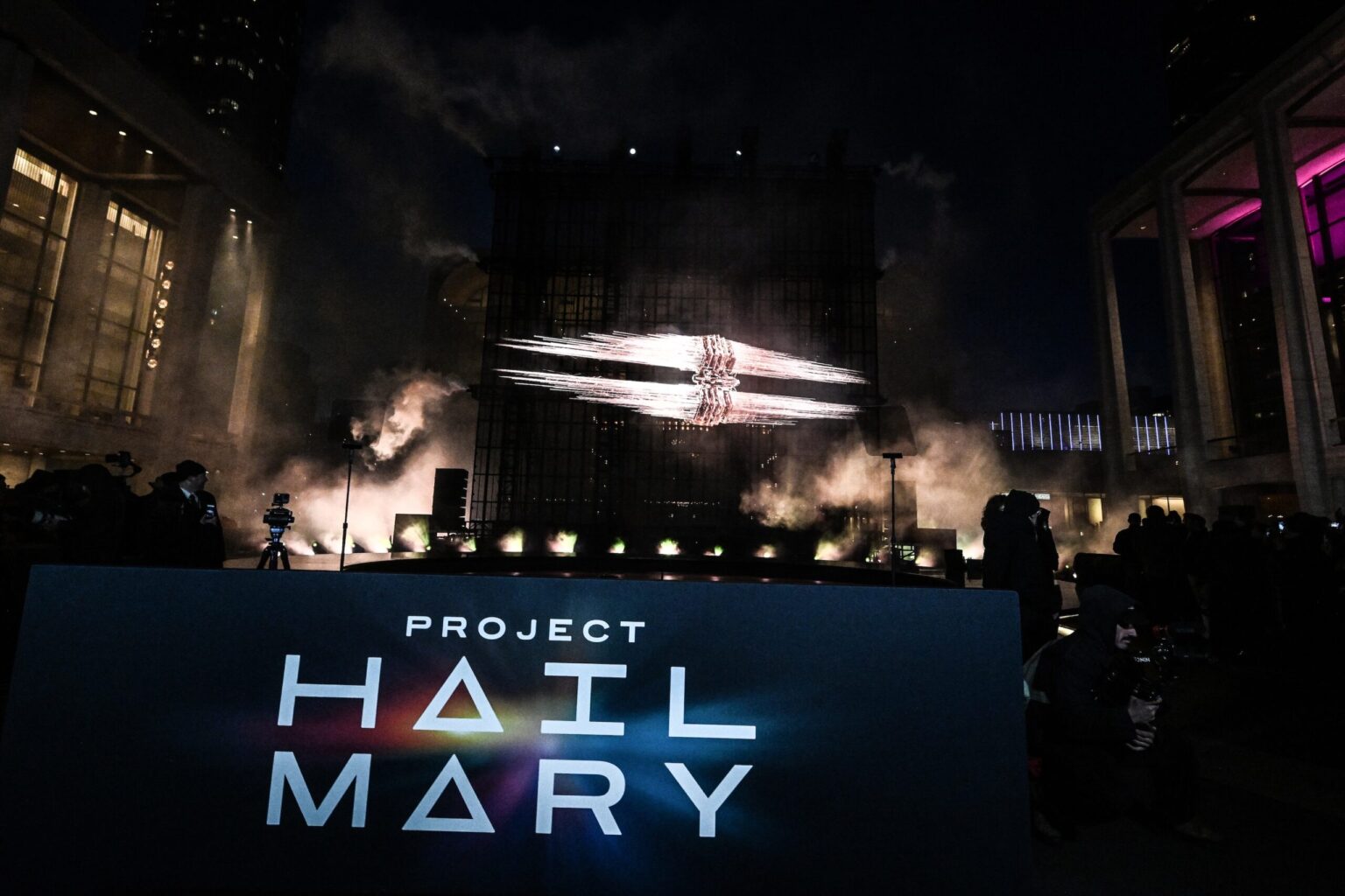 NEW YORK, NEW YORK - MARCH 18: A view of a light show during the "Project Hail Mary" New York Premiere at Josie Robertson Plaza at Lincoln Center on March 18, 2026 in New York City. (Photo by Slaven Vlasic/Getty Images for Amazon MGM Studios)