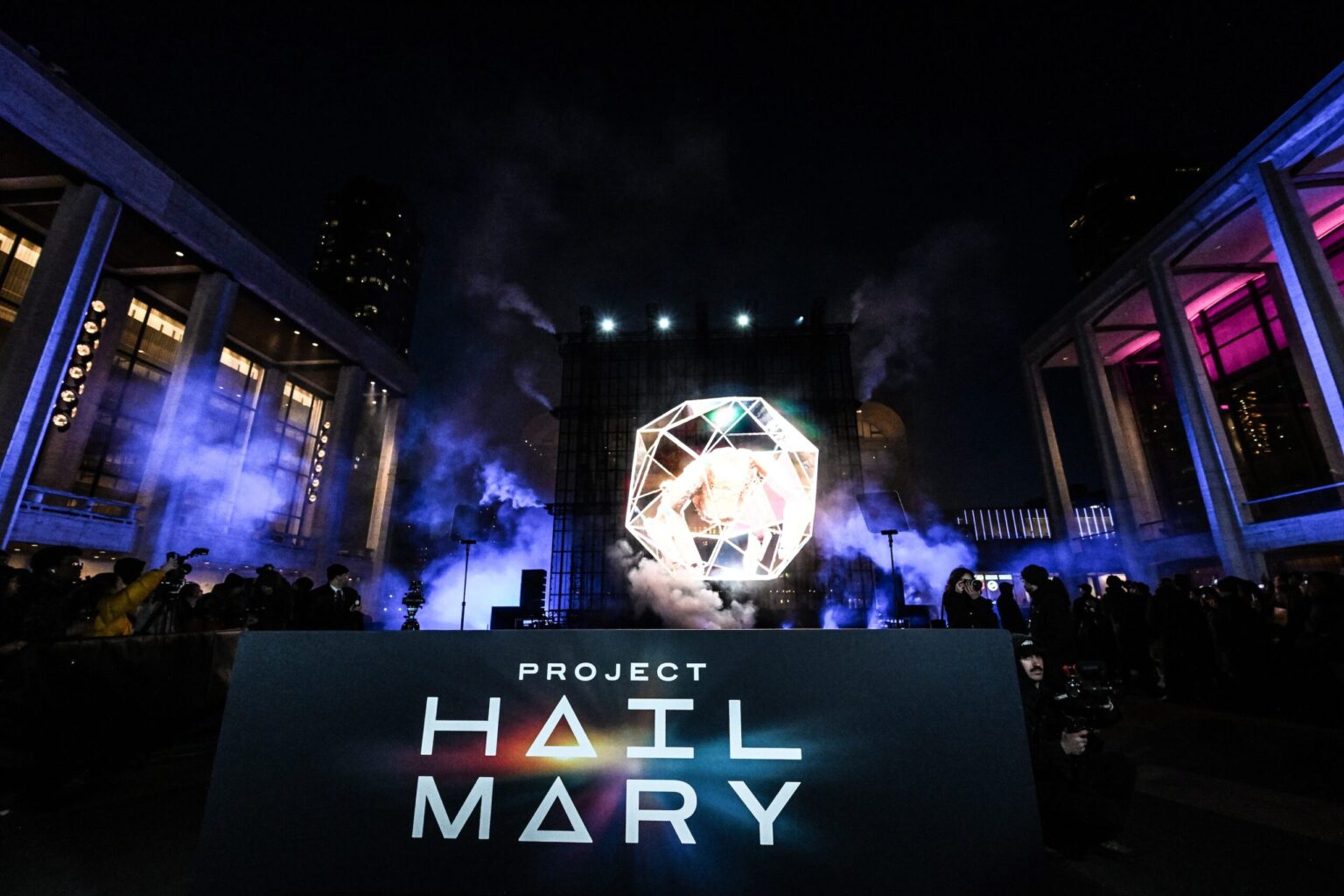NEW YORK, NEW YORK - MARCH 18: A view of a light show during the "Project Hail Mary" New York Premiere at Josie Robertson Plaza at Lincoln Center on March 18, 2026 in New York City. (Photo by Slaven Vlasic/Getty Images for Amazon MGM Studios)