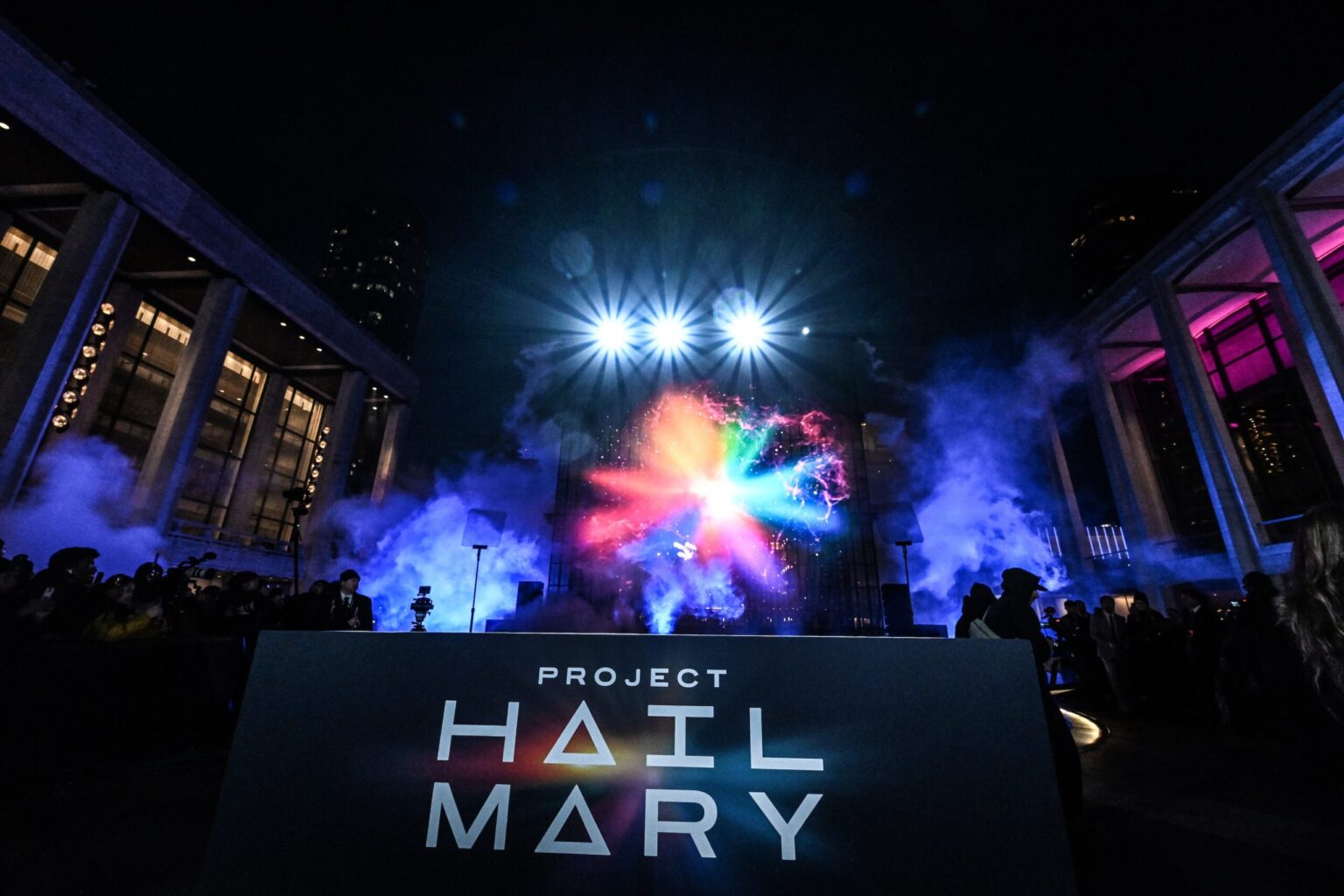NEW YORK, NEW YORK - MARCH 18: A view of a light show during the "Project Hail Mary" New York Premiere at Josie Robertson Plaza at Lincoln Center on March 18, 2026 in New York City. (Photo by Slaven Vlasic/Getty Images for Amazon MGM Studios)