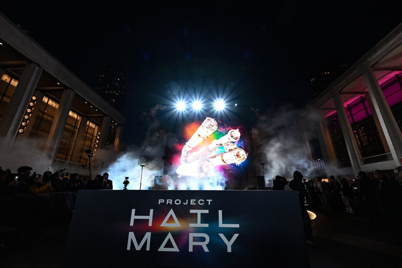 NEW YORK, NEW YORK - MARCH 18: A view of a light show during the "Project Hail Mary" New York Premiere at Josie Robertson Plaza at Lincoln Center on March 18, 2026 in New York City. (Photo by Slaven Vlasic/Getty Images for Amazon MGM Studios)