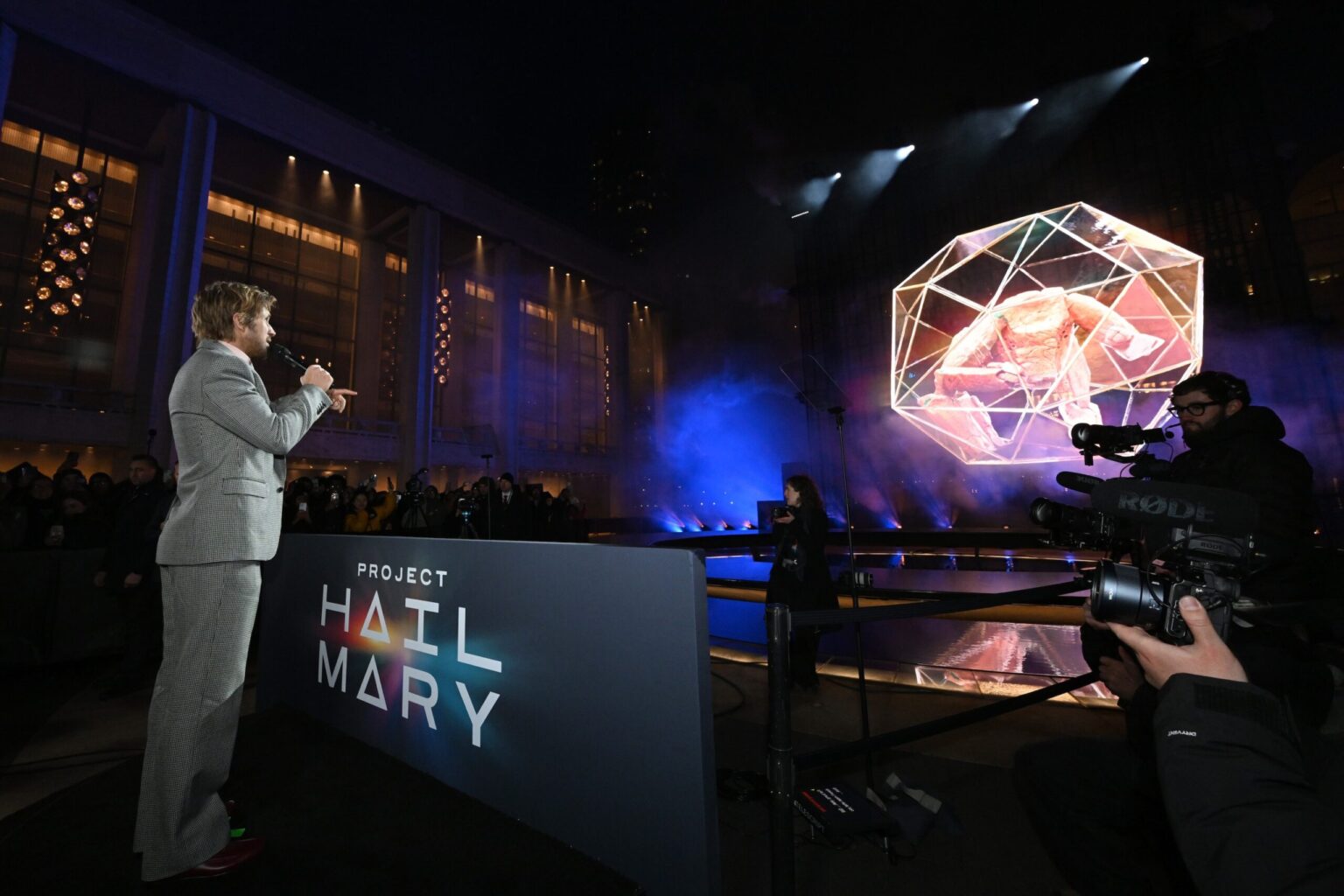 NEW YORK, NEW YORK - MARCH 18: Ryan Gosling speaks during the "Project Hail Mary" New York Premiere at Josie Robertson Plaza at Lincoln Center on March 18, 2026 in New York City. (Photo by Slaven Vlasic/Getty Images for Amazon MGM Studios)