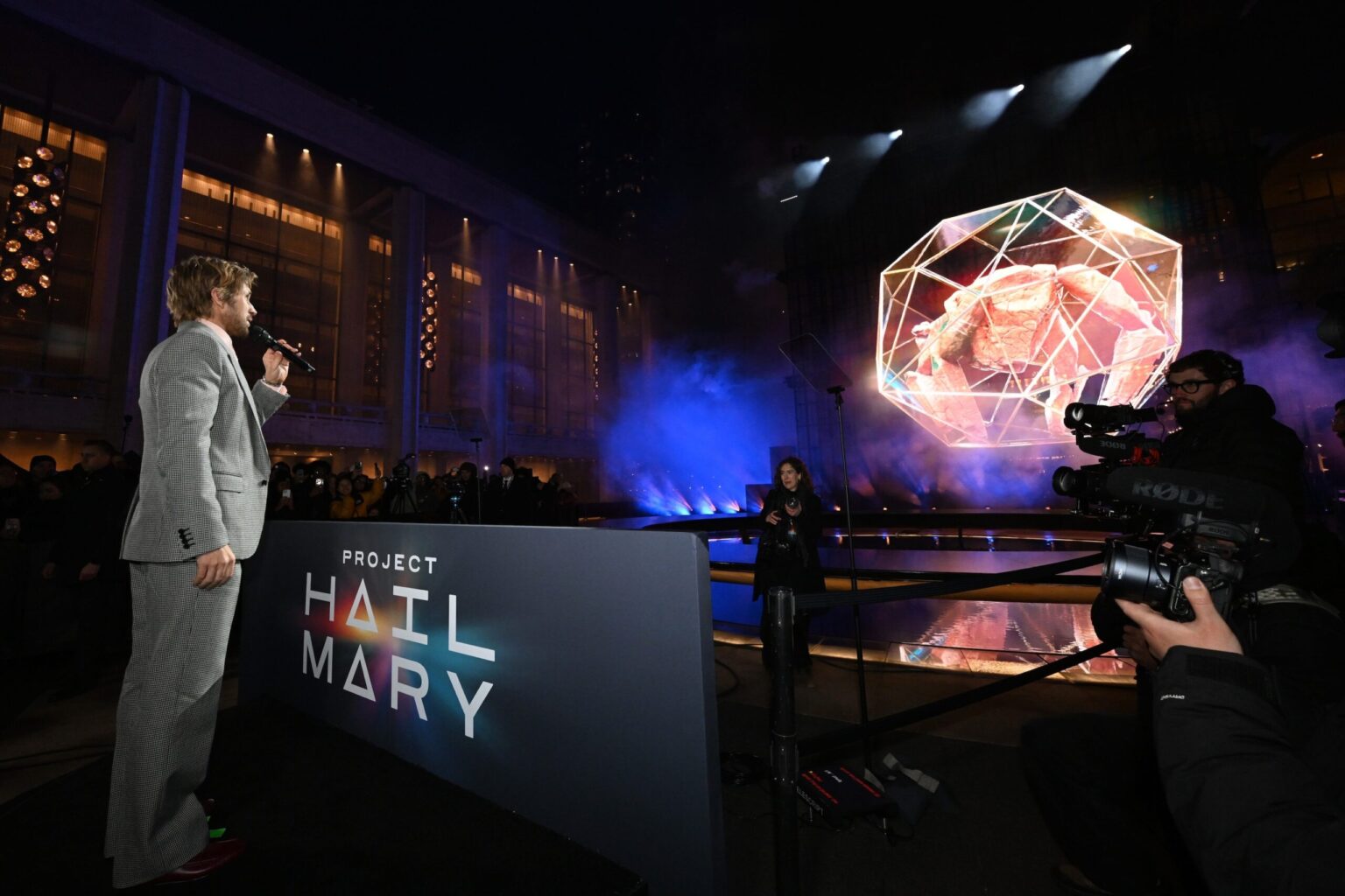 NEW YORK, NEW YORK - MARCH 18: Ryan Gosling speaks during the "Project Hail Mary" New York Premiere at Josie Robertson Plaza at Lincoln Center on March 18, 2026 in New York City. (Photo by Slaven Vlasic/Getty Images for Amazon MGM Studios)