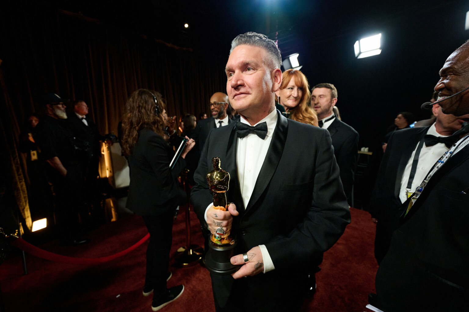 Jordan Samuel poses backstage with the Oscar® for Makeup and Hairstyling during the 98th Oscars® at Dolby® Theatre at Ovation Hollywood on Sunday, March 15, 2026.