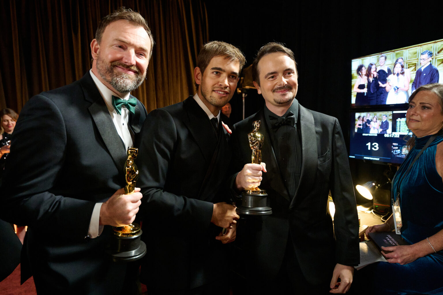David Breschel, Sam A. Davis, and Jack Piatt pose backstage with the Oscar® for Live Action Short Film during the 98th Oscars® at Dolby® Theatre at Ovation Hollywood on Sunday, March 15, 2026.