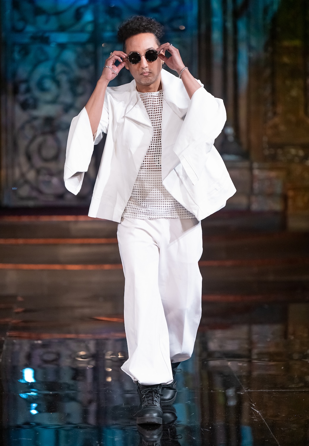 NEW YORK, NEW YORK - FEBRUARY 12: A model walks the runway at the Franklin Rowe show during New York Fashion Week Powered By Art Hearts Fashion at The Angel Orensanz Foundation on February 12, 2026 in New York City. (Photo by Mark Gunter/Getty Images for Art Hearts Fashion)