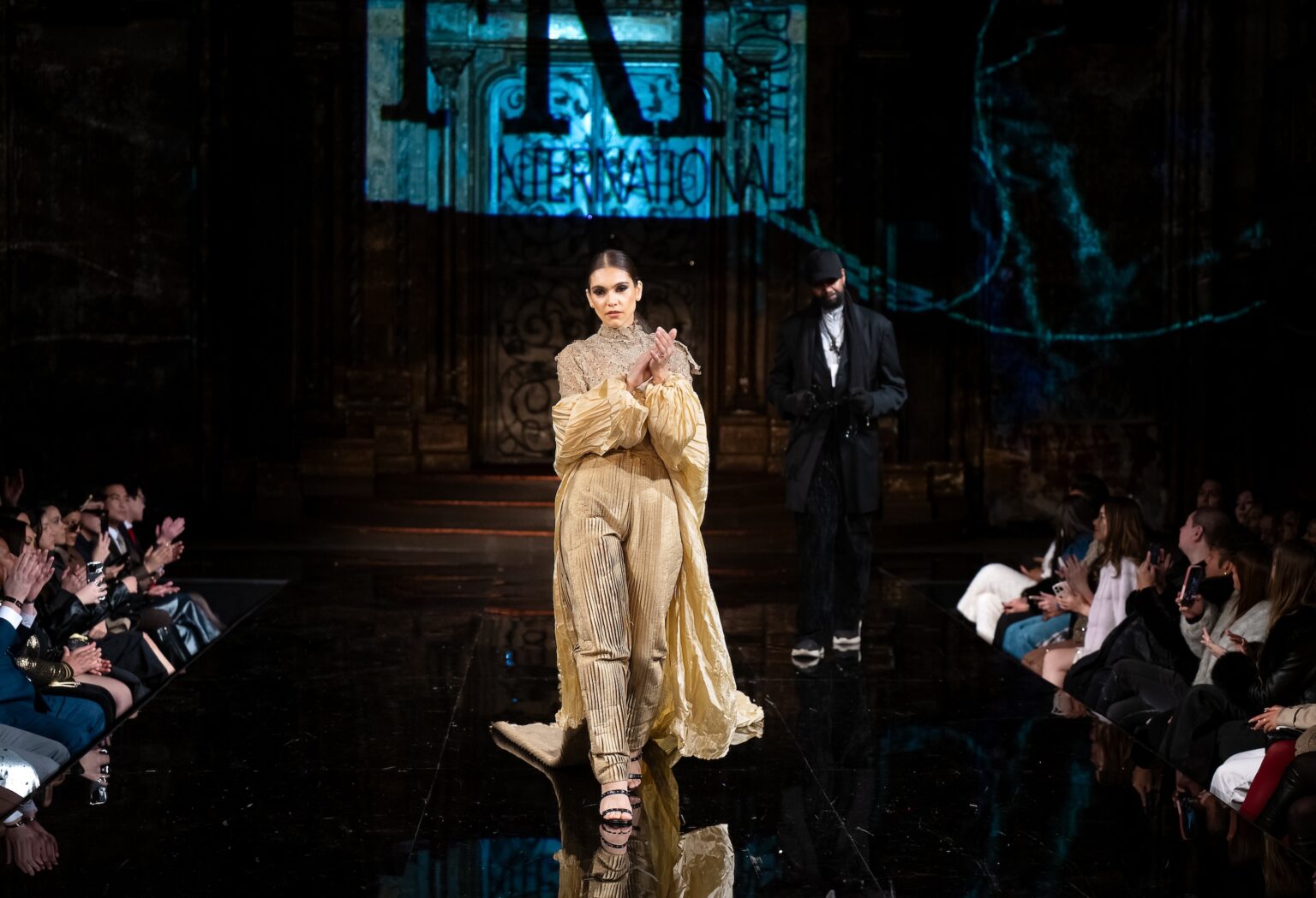 NEW YORK, NEW YORK - FEBRUARY 12: A model walks the runway at the Franklin Rowe show during New York Fashion Week Powered By Art Hearts Fashion at The Angel Orensanz Foundation on February 12, 2026 in New York City. (Photo by Mark Gunter/Getty Images for Art Hearts Fashion)