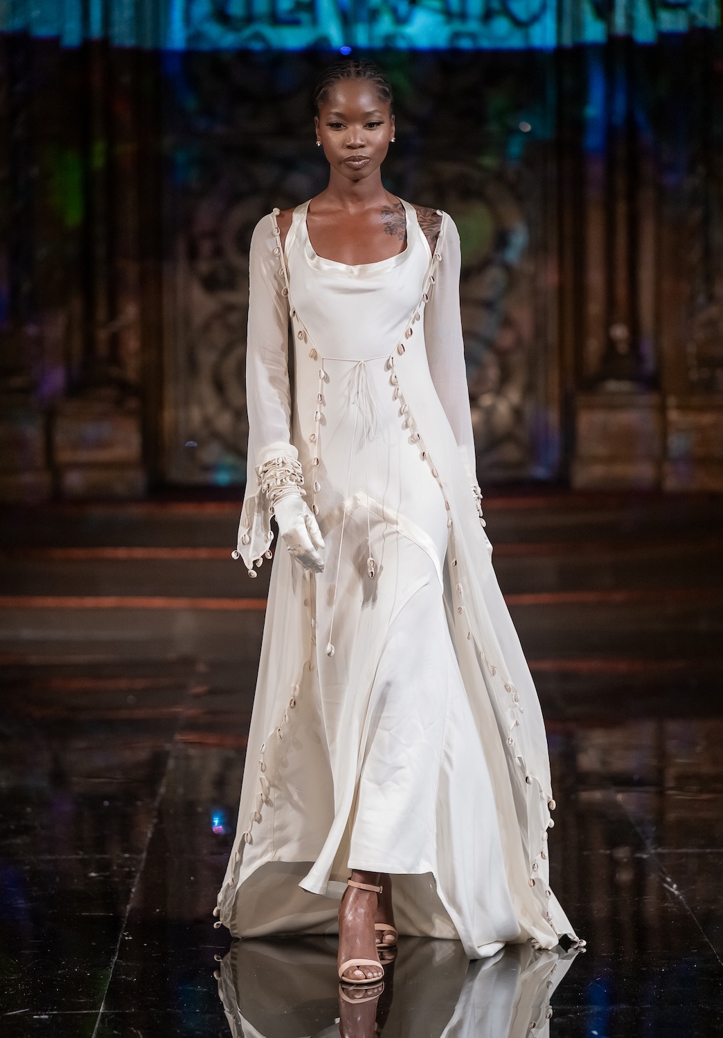 NEW YORK, NEW YORK - FEBRUARY 12: A model walks the runway at the Franklin Rowe show during New York Fashion Week Powered By Art Hearts Fashion at The Angel Orensanz Foundation on February 12, 2026 in New York City. (Photo by Mark Gunter/Getty Images for Art Hearts Fashion)