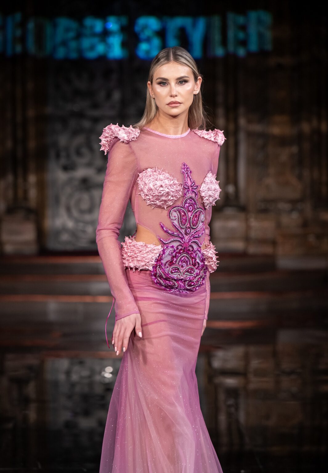 NEW YORK, NEW YORK - FEBRUARY 13: A model walks the runway at the George Styler show during New York Fashion Week Powered By Art Hearts Fashion at The Angel Orensanz Foundation on February 13, 2026 in New York City. (Photo by Mark Gunter/Getty Images for Art Hearts Fashion)