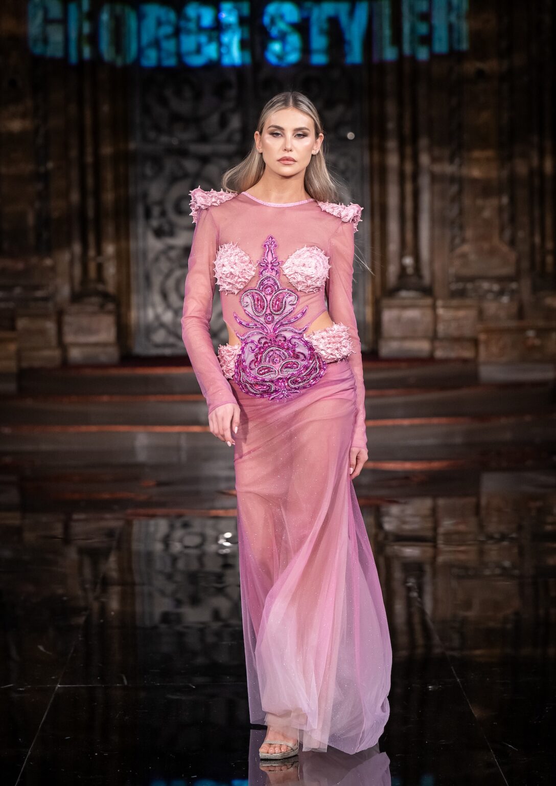 NEW YORK, NEW YORK - FEBRUARY 13: A model walks the runway at the George Styler show during New York Fashion Week Powered By Art Hearts Fashion at The Angel Orensanz Foundation on February 13, 2026 in New York City. (Photo by Mark Gunter/Getty Images for Art Hearts Fashion)