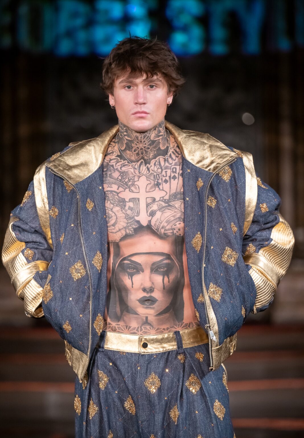 NEW YORK, NEW YORK - FEBRUARY 13: A model walks the runway at the George Styler show during New York Fashion Week Powered By Art Hearts Fashion at The Angel Orensanz Foundation on February 13, 2026 in New York City. (Photo by Mark Gunter/Getty Images for Art Hearts Fashion)