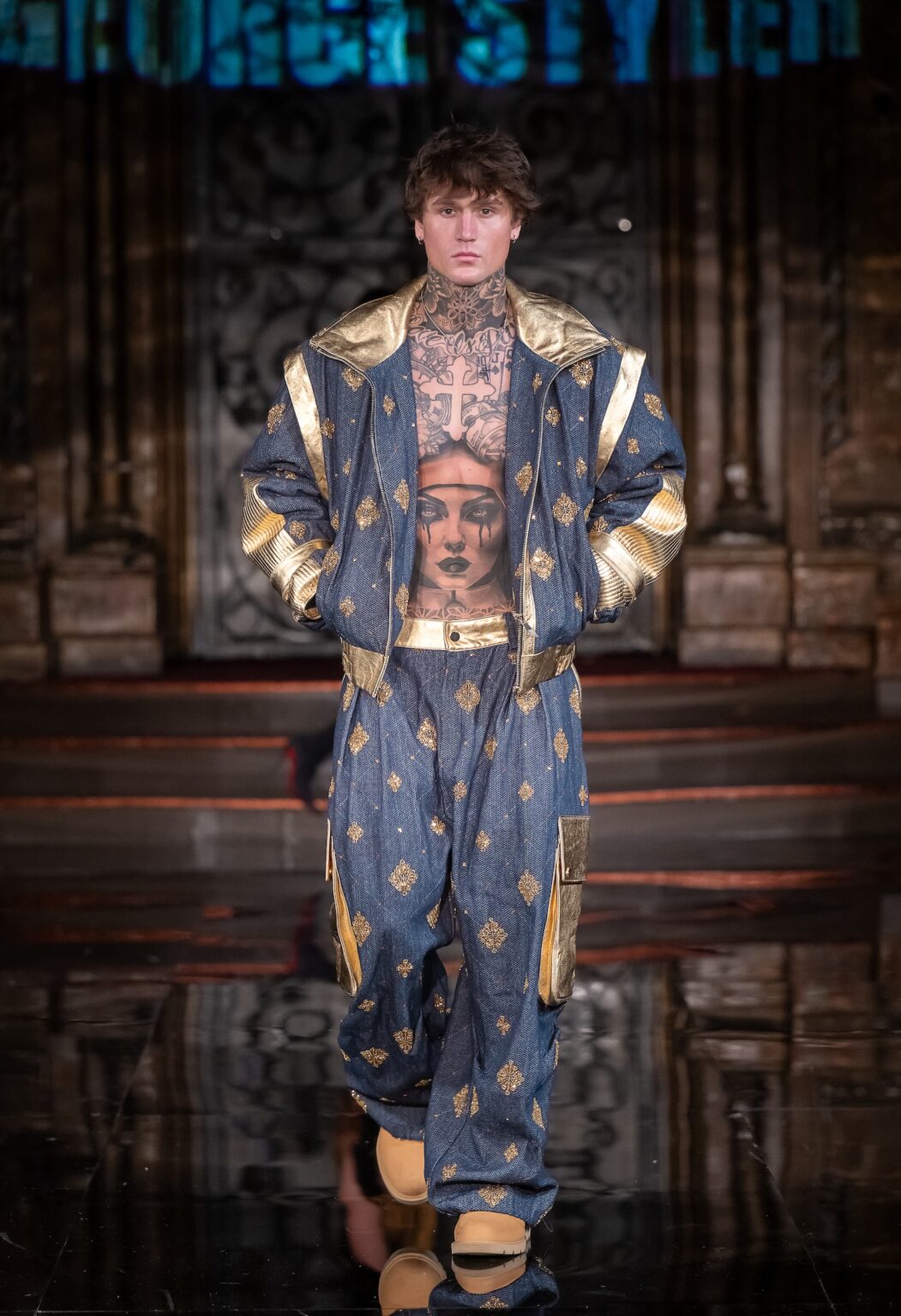 NEW YORK, NEW YORK - FEBRUARY 13: A model walks the runway at the George Styler show during New York Fashion Week Powered By Art Hearts Fashion at The Angel Orensanz Foundation on February 13, 2026 in New York City. (Photo by Mark Gunter/Getty Images for Art Hearts Fashion)