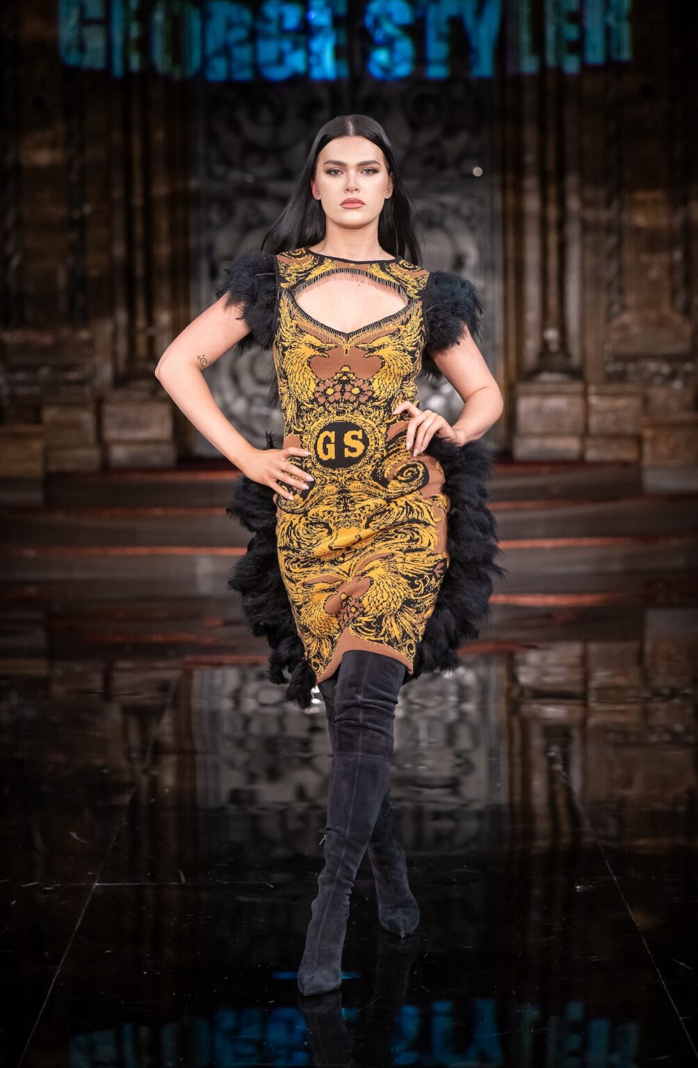 NEW YORK, NEW YORK - FEBRUARY 13: A model walks the runway at the George Styler show during New York Fashion Week Powered By Art Hearts Fashion at The Angel Orensanz Foundation on February 13, 2026 in New York City. (Photo by Mark Gunter/Getty Images for Art Hearts Fashion)