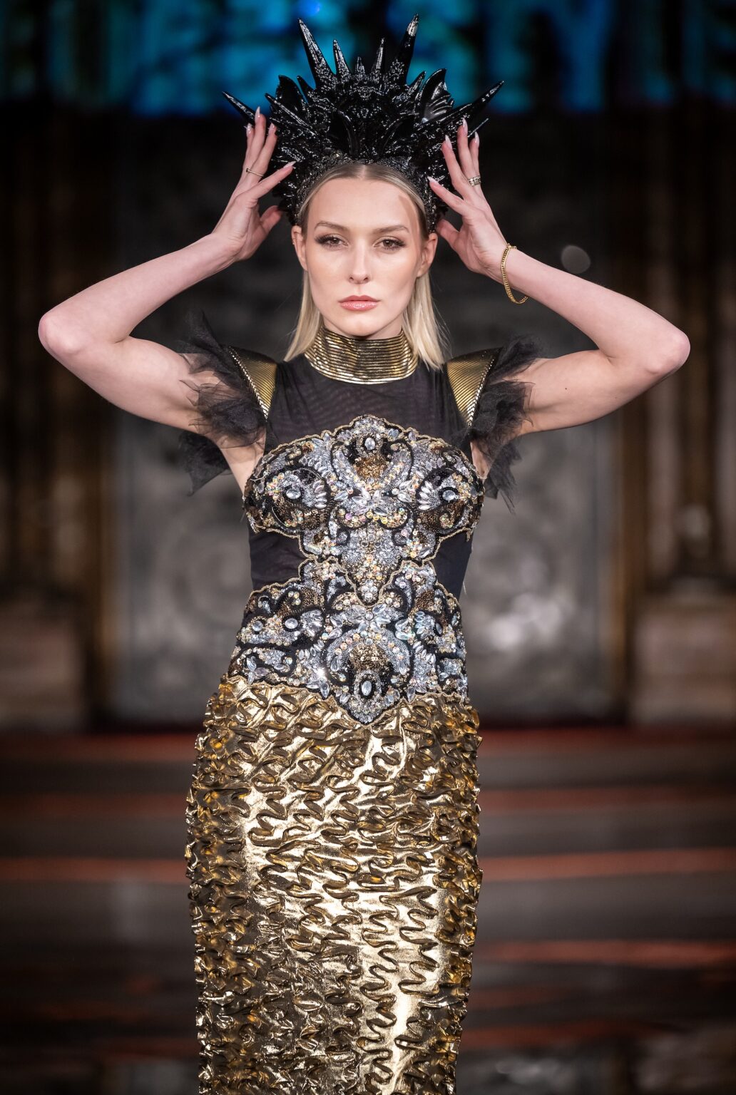 NEW YORK, NEW YORK - FEBRUARY 13: A model walks the runway at the George Styler show during New York Fashion Week Powered By Art Hearts Fashion at The Angel Orensanz Foundation on February 13, 2026 in New York City. (Photo by Mark Gunter/Getty Images for Art Hearts Fashion)