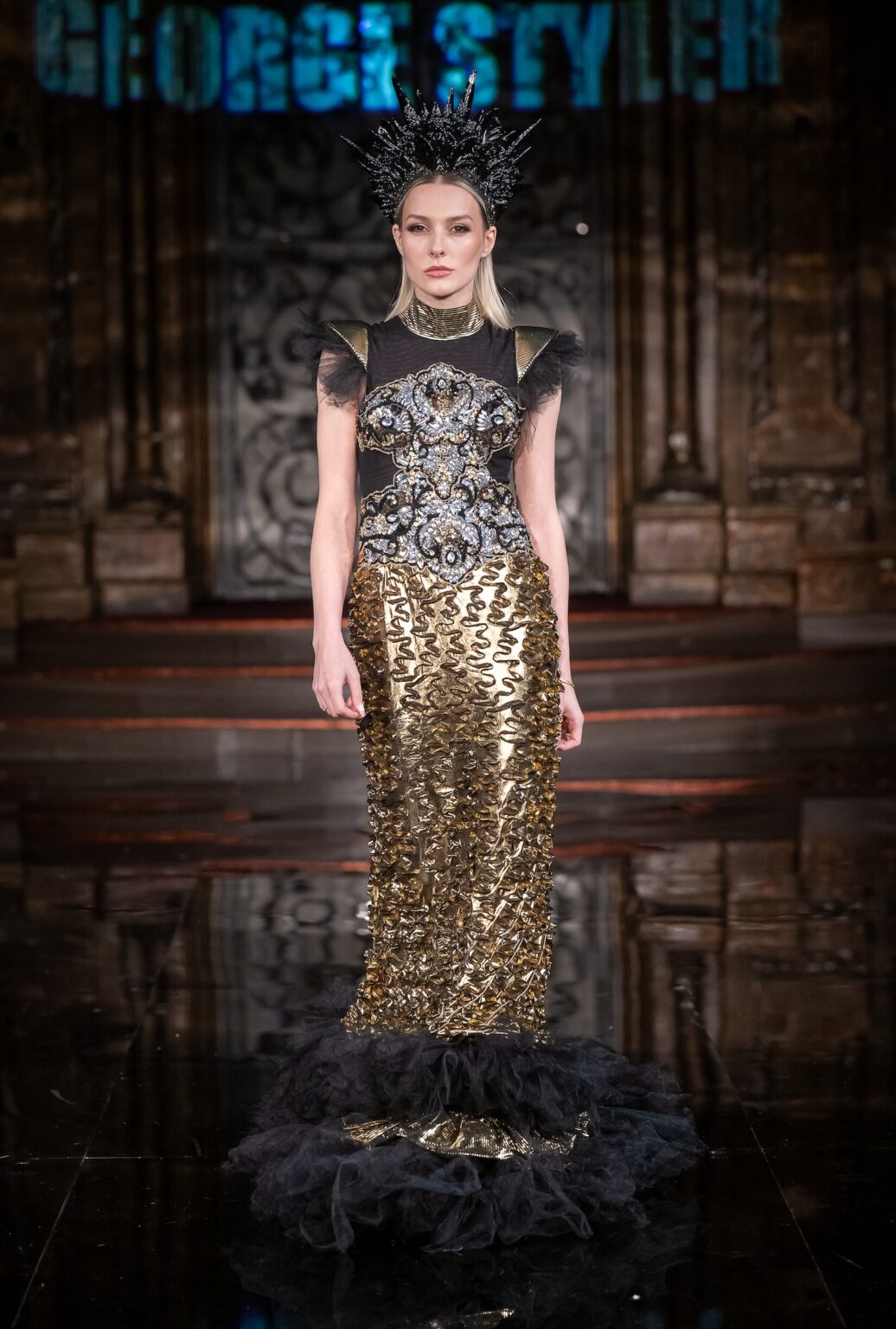 NEW YORK, NEW YORK - FEBRUARY 13: A model walks the runway at the George Styler show during New York Fashion Week Powered By Art Hearts Fashion at The Angel Orensanz Foundation on February 13, 2026 in New York City. (Photo by Mark Gunter/Getty Images for Art Hearts Fashion)