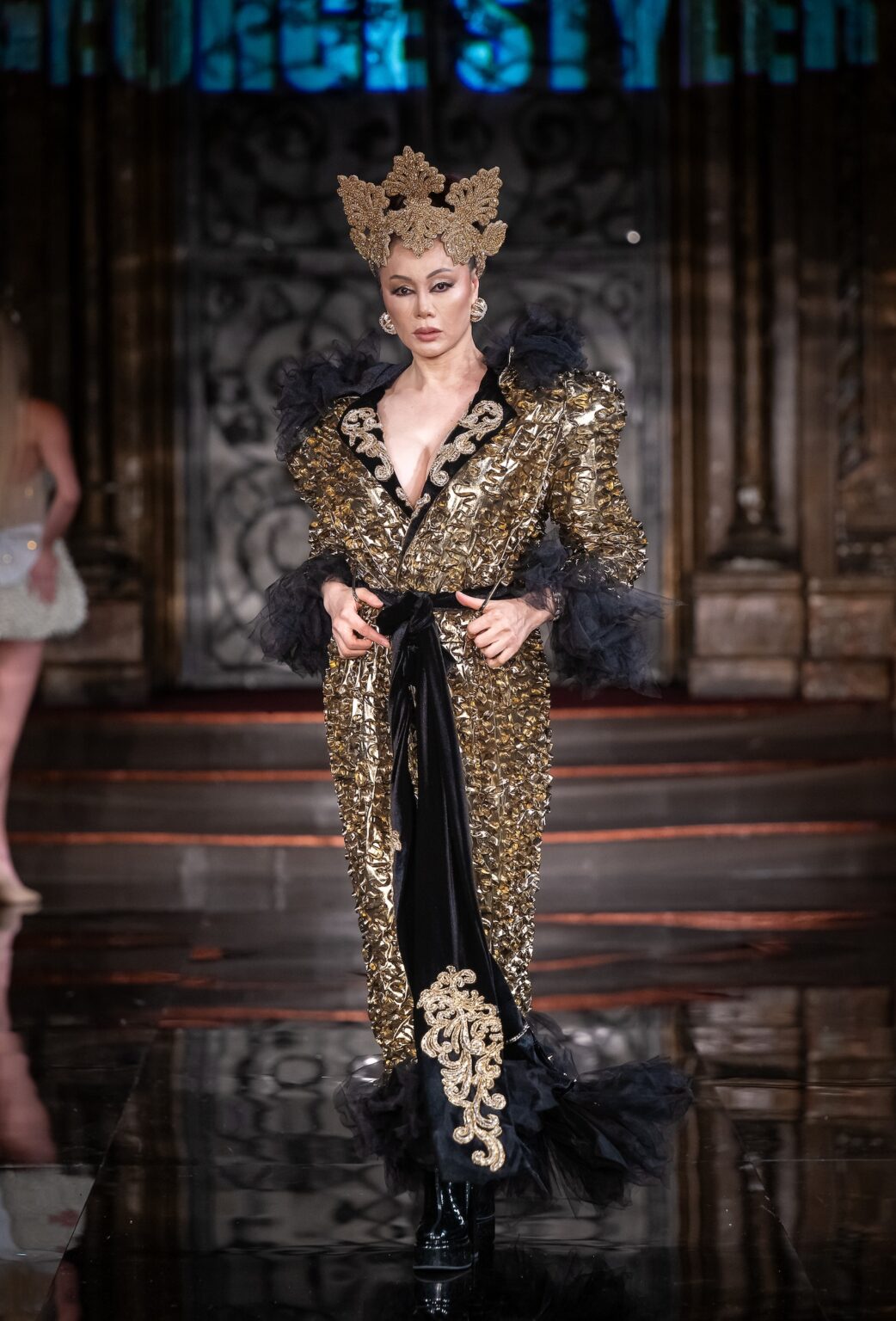 NEW YORK, NEW YORK - FEBRUARY 13: Julie Shen walks the runway at the George Styler show during New York Fashion Week Powered By Art Hearts Fashion at The Angel Orensanz Foundation on February 13, 2026 in New York City. (Photo by Mark Gunter/Getty Images for Art Hearts Fashion)