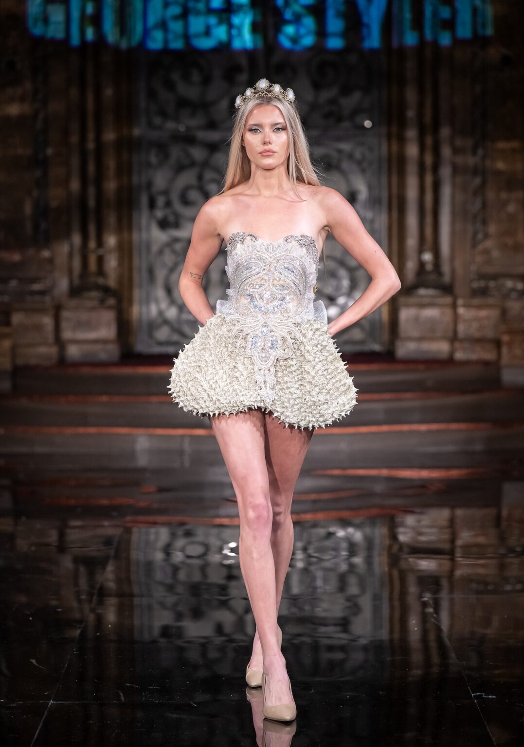 NEW YORK, NEW YORK - FEBRUARY 13: A model walks the runway at the George Styler show during New York Fashion Week Powered By Art Hearts Fashion at The Angel Orensanz Foundation on February 13, 2026 in New York City. (Photo by Mark Gunter/Getty Images for Art Hearts Fashion)