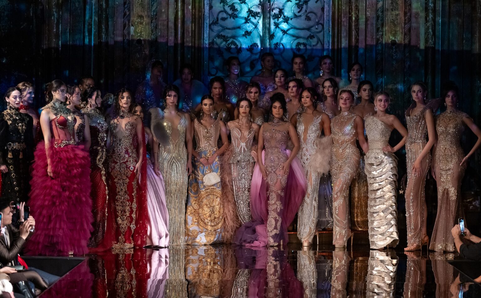 NEW YORK, NEW YORK - FEBRUARY 12: Models pose on the runway at the Giannina Azar show during New York Fashion Week Powered By Art Hearts Fashion at The Angel Orensanz Foundation on February 12, 2026 in New York City. (Photo by Mark Gunter/Getty Images for Art Hearts Fashion)