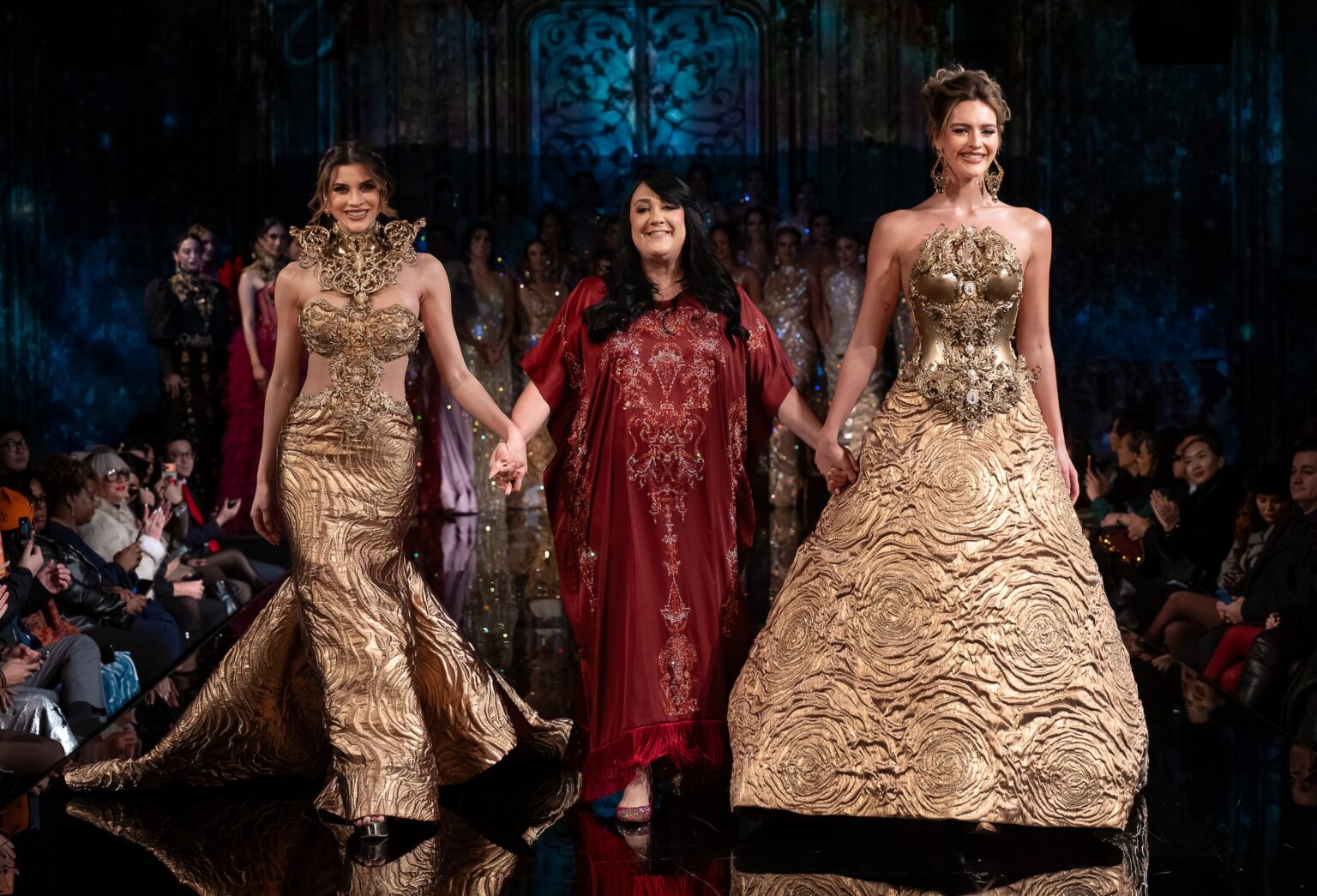 NEW YORK, NEW YORK - FEBRUARY 12: Designer Giannina Azar and models walk the runway at the Giannina Azar show during New York Fashion Week Powered By Art Hearts Fashion at The Angel Orensanz Foundation on February 12, 2026 in New York City. (Photo by Mark Gunter/Getty Images for Art Hearts Fashion)
