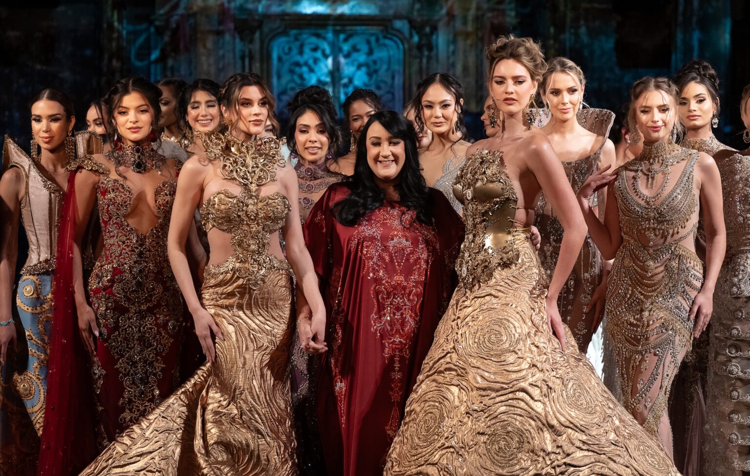 NEW YORK, NEW YORK - FEBRUARY 12: Designer Giannina Azar and models walk the runway at the Giannina Azar show during New York Fashion Week Powered By Art Hearts Fashion at The Angel Orensanz Foundation on February 12, 2026 in New York City. (Photo by Mark Gunter/Getty Images for Art Hearts Fashion)