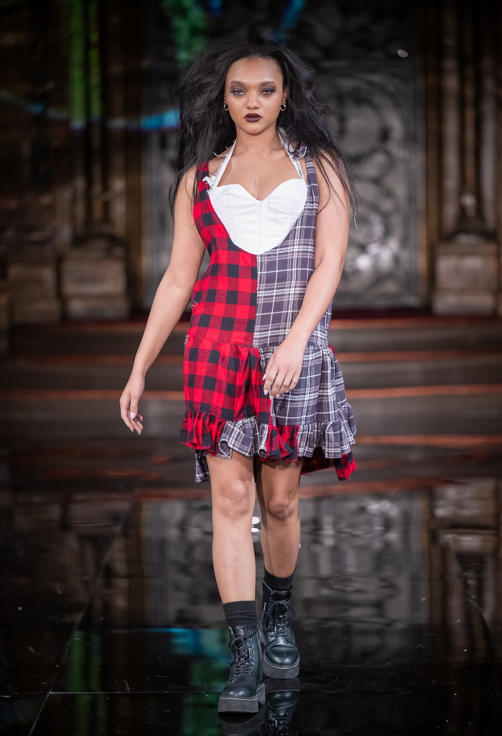 NEW YORK, NEW YORK - FEBRUARY 13: A model walks the runway at the Haus of Harleen show during New York Fashion Week Powered By Art Hearts Fashion at The Angel Orensanz Foundation on February 13, 2026 in New York City. (Photo by Mark Gunter/Getty Images for Art Hearts Fashion)