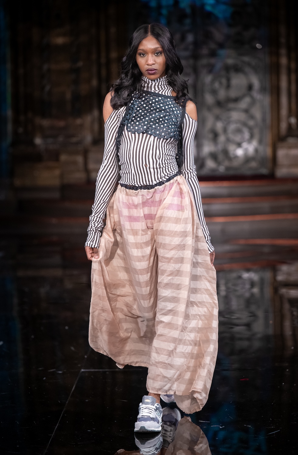 NEW YORK, NEW YORK - FEBRUARY 13: A model walks the runway at the Haus of Harleen show during New York Fashion Week Powered By Art Hearts Fashion at The Angel Orensanz Foundation on February 13, 2026 in New York City. (Photo by Mark Gunter/Getty Images for Art Hearts Fashion)