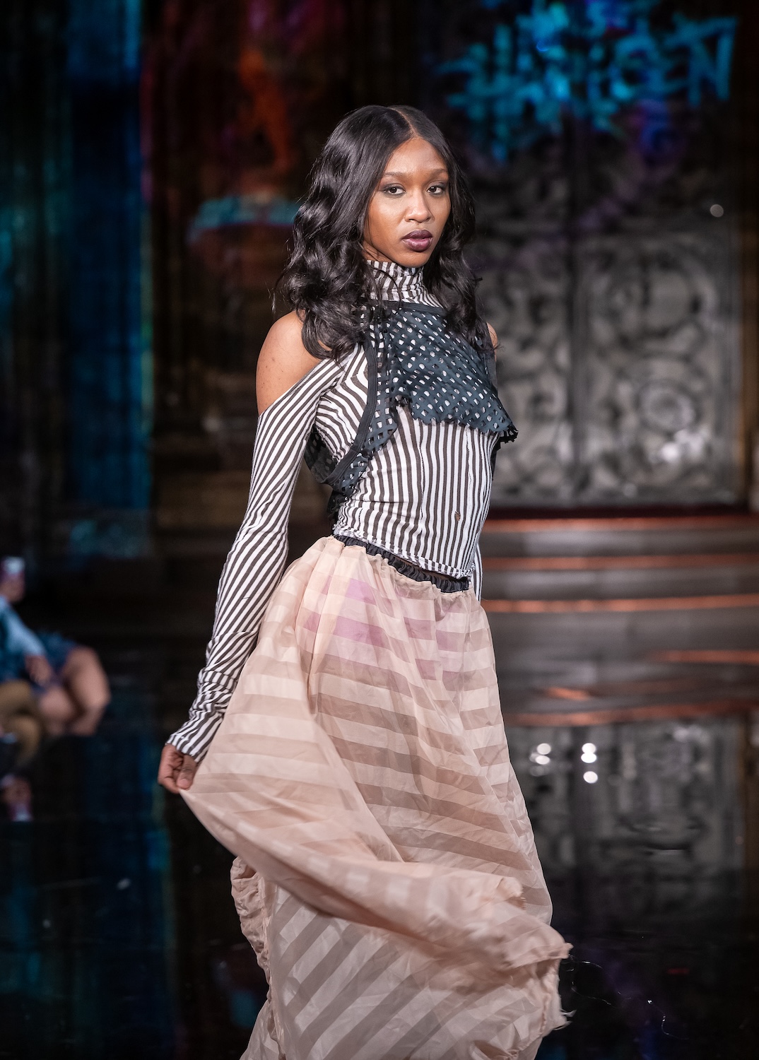 NEW YORK, NEW YORK - FEBRUARY 13: A model walks the runway at the Haus of Harleen show during New York Fashion Week Powered By Art Hearts Fashion at The Angel Orensanz Foundation on February 13, 2026 in New York City. (Photo by Mark Gunter/Getty Images for Art Hearts Fashion)