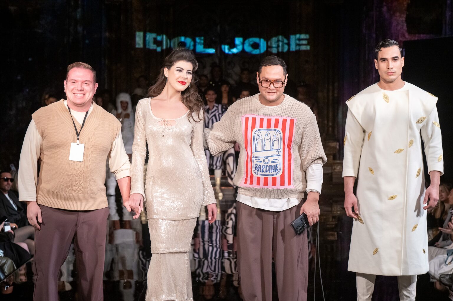NEW YORK, NEW YORK - FEBRUARY 13: Designers Idolfredo Hernandez, Juan Francisco Cabello, Valeria Cannavo and model walk the runway at the Idol Jose show during New York Fashion Week Powered By Art Hearts Fashion at The Angel Orensanz Foundation on February 13, 2026 in New York City.  (Photo by Mark Gunter/Getty Images for Art Hearts Fashion)