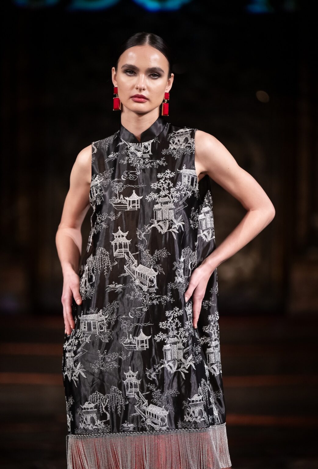 NEW YORK, NEW YORK - FEBRUARY 12: A model walks the runway at the Jingbo Yang show during New York Fashion Week Powered By Art Hearts Fashion at The Angel Orensanz Foundation on February 12, 2026 in New York City. (Photo by Mark Gunter/Getty Images for Art Hearts Fashion)