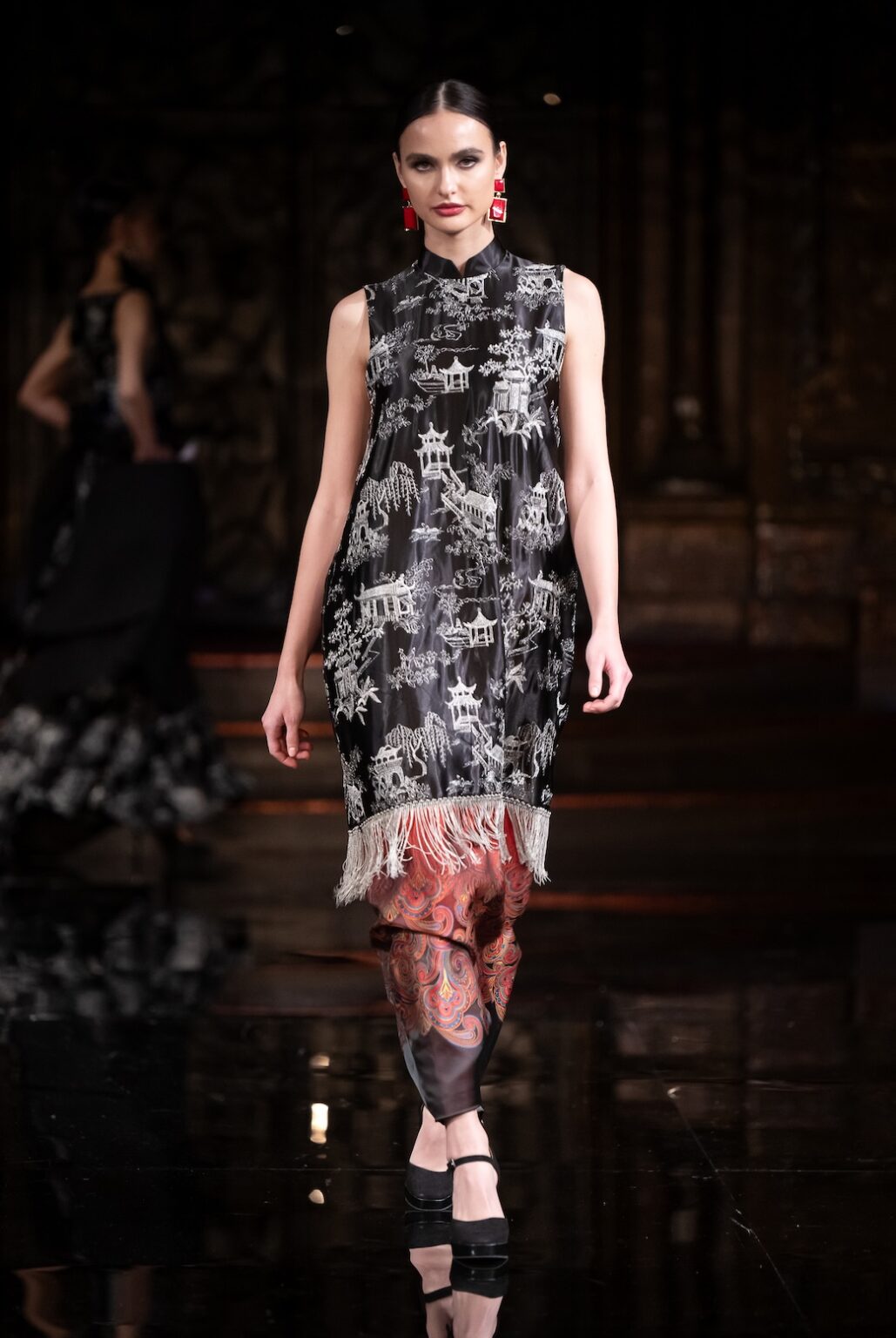 NEW YORK, NEW YORK - FEBRUARY 12: A model walks the runway at the Jingbo Yang show during New York Fashion Week Powered By Art Hearts Fashion at The Angel Orensanz Foundation on February 12, 2026 in New York City. (Photo by Mark Gunter/Getty Images for Art Hearts Fashion)
