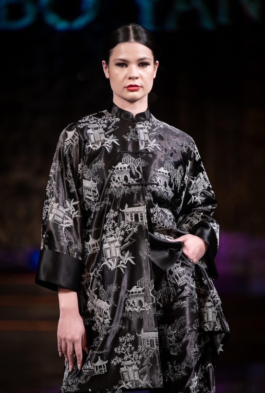 NEW YORK, NEW YORK - FEBRUARY 12: Trin Poole walks the runway at the Jingbo Yang show during New York Fashion Week Powered By Art Hearts Fashion at The Angel Orensanz Foundation on February 12, 2026 in New York City. (Photo by Mark Gunter/Getty Images for Art Hearts Fashion)