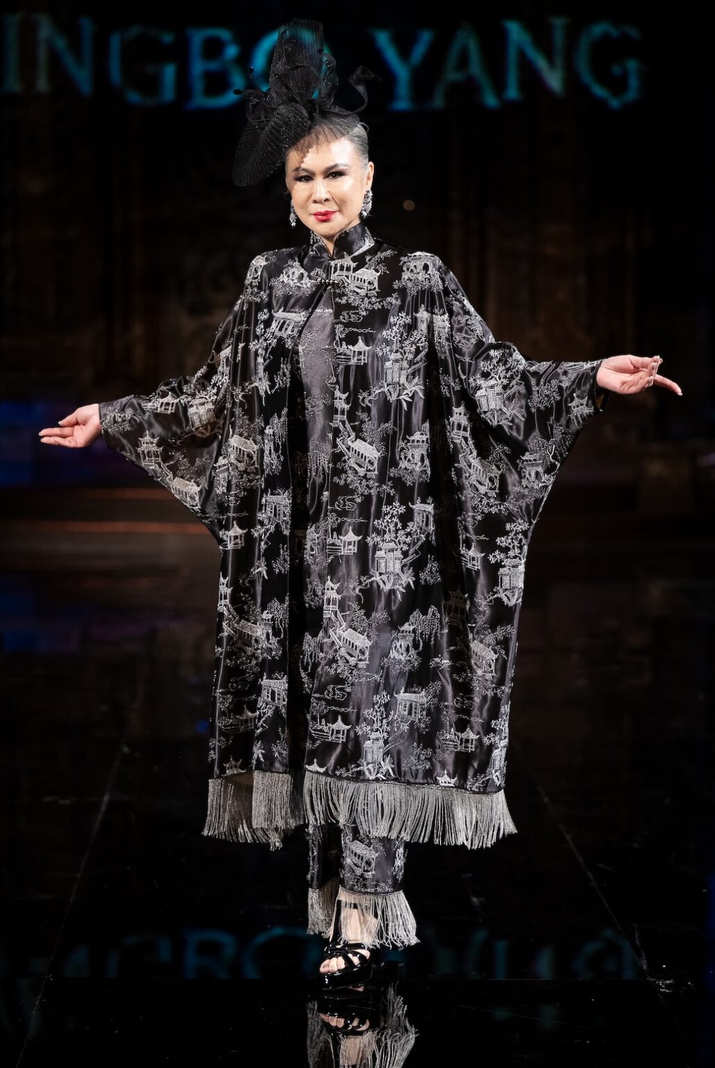NEW YORK, NEW YORK - FEBRUARY 12: A model walks the runway at the Jingbo Yang show during New York Fashion Week Powered By Art Hearts Fashion at The Angel Orensanz Foundation on February 12, 2026 in New York City. (Photo by Mark Gunter/Getty Images for Art Hearts Fashion)