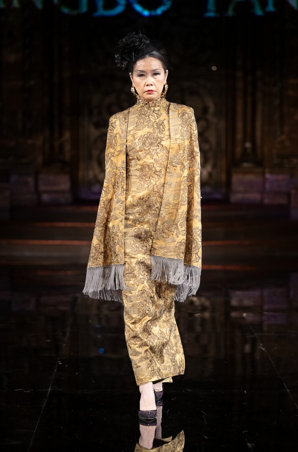NEW YORK, NEW YORK - FEBRUARY 12: A model walks the runway at the Jingbo Yang show during New York Fashion Week Powered By Art Hearts Fashion at The Angel Orensanz Foundation on February 12, 2026 in New York City. (Photo by Mark Gunter/Getty Images for Art Hearts Fashion)