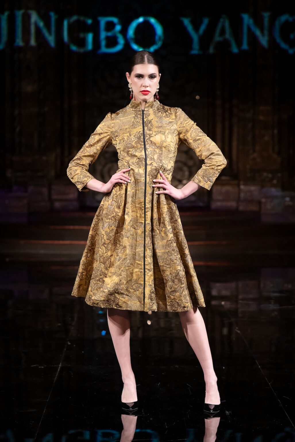 NEW YORK, NEW YORK - FEBRUARY 12: A model walks the runway at the Jingbo Yang show during New York Fashion Week Powered By Art Hearts Fashion at The Angel Orensanz Foundation on February 12, 2026 in New York City. (Photo by Mark Gunter/Getty Images for Art Hearts Fashion)