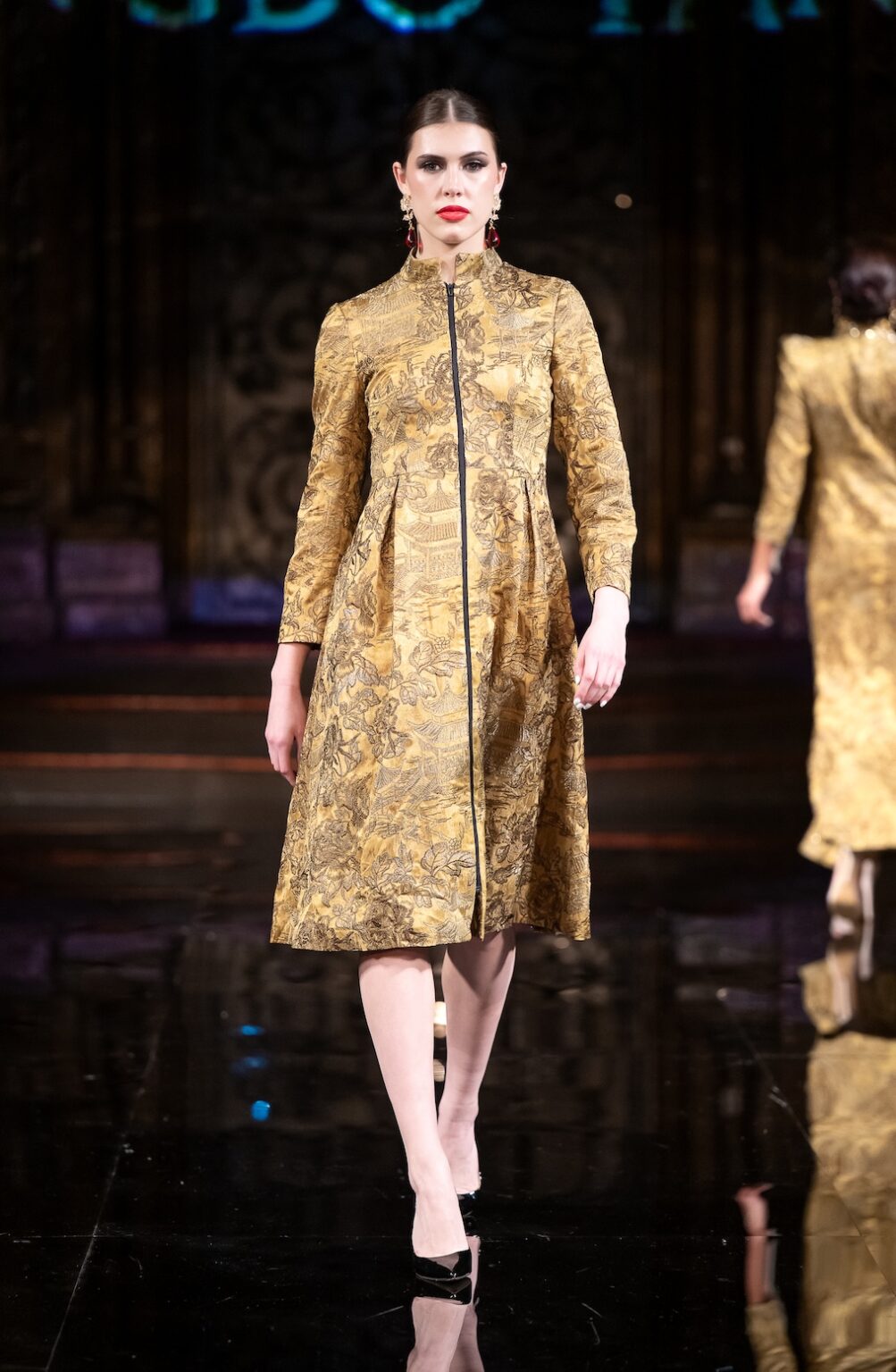 NEW YORK, NEW YORK - FEBRUARY 12: A model walks the runway at the Jingbo Yang show during New York Fashion Week Powered By Art Hearts Fashion at The Angel Orensanz Foundation on February 12, 2026 in New York City. (Photo by Mark Gunter/Getty Images for Art Hearts Fashion)