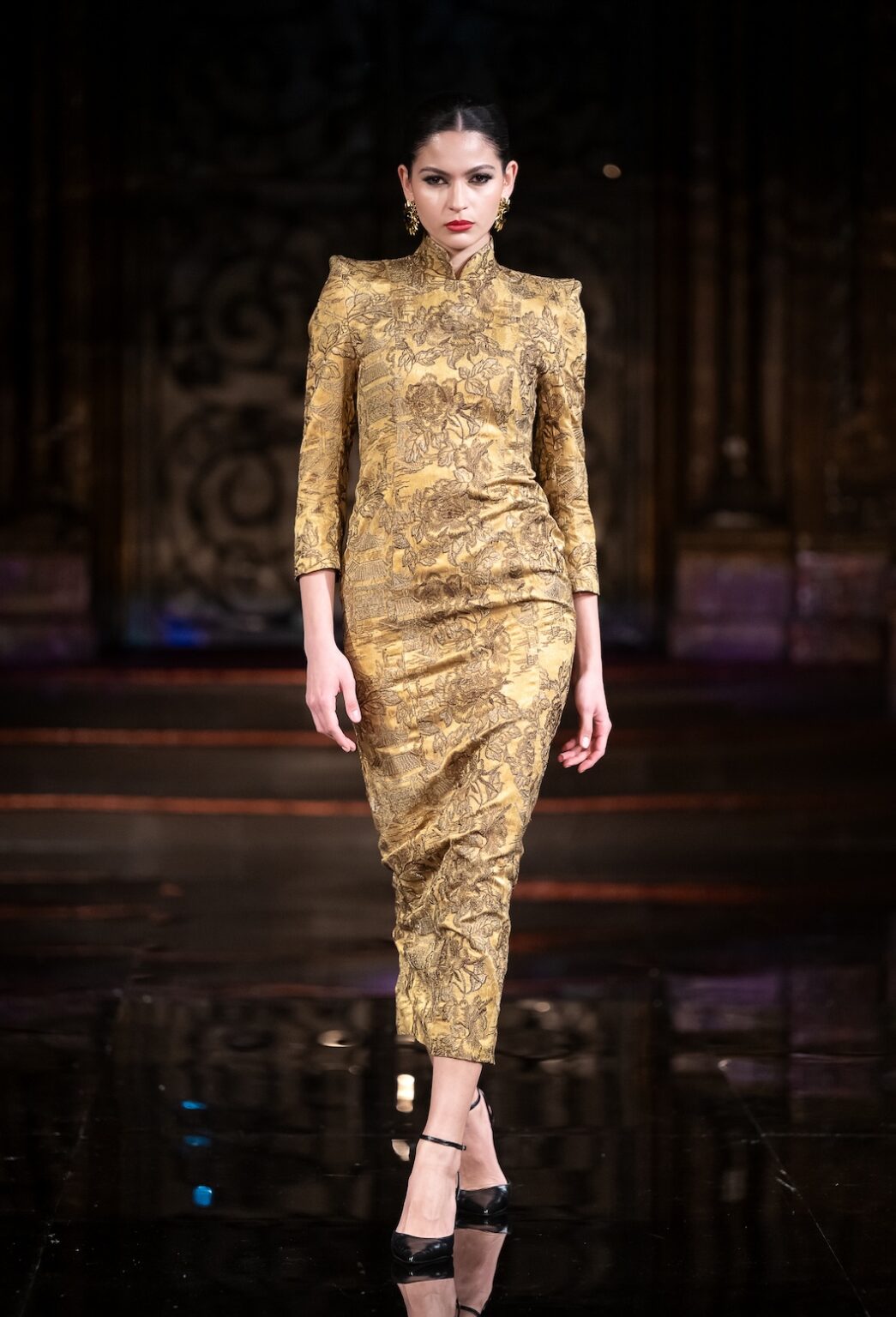 NEW YORK, NEW YORK - FEBRUARY 12: A model walks the runway at the Jingbo Yang show during New York Fashion Week Powered By Art Hearts Fashion at The Angel Orensanz Foundation on February 12, 2026 in New York City. (Photo by Mark Gunter/Getty Images for Art Hearts Fashion)