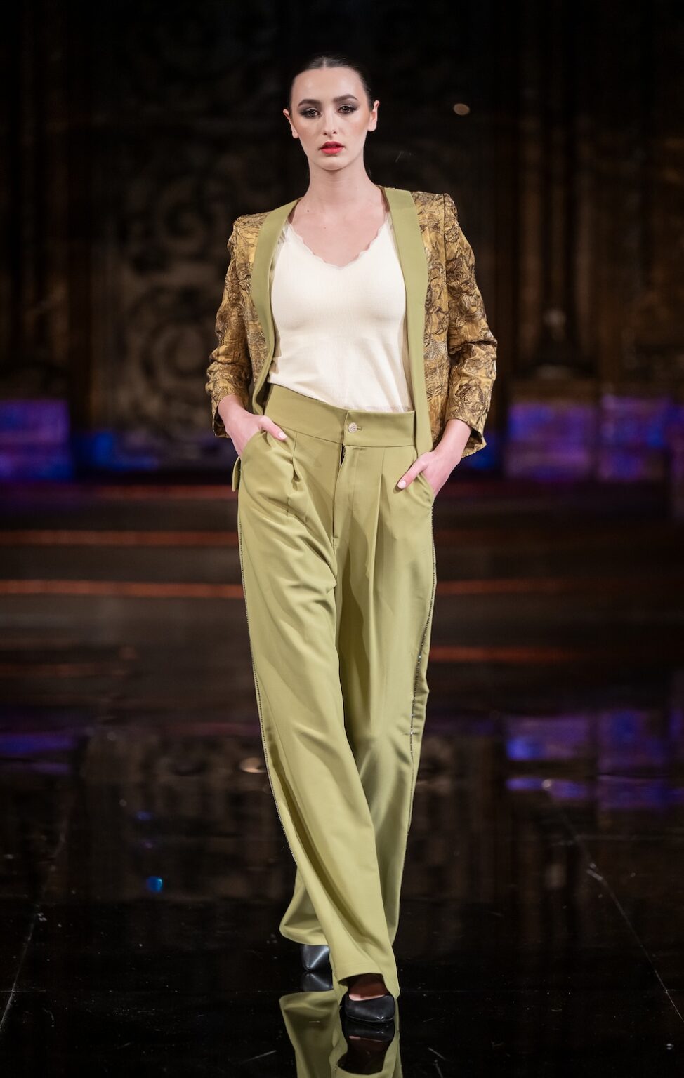 NEW YORK, NEW YORK - FEBRUARY 12: A model walks the runway at the Jingbo Yang show during New York Fashion Week Powered By Art Hearts Fashion at The Angel Orensanz Foundation on February 12, 2026 in New York City. (Photo by Mark Gunter/Getty Images for Art Hearts Fashion)