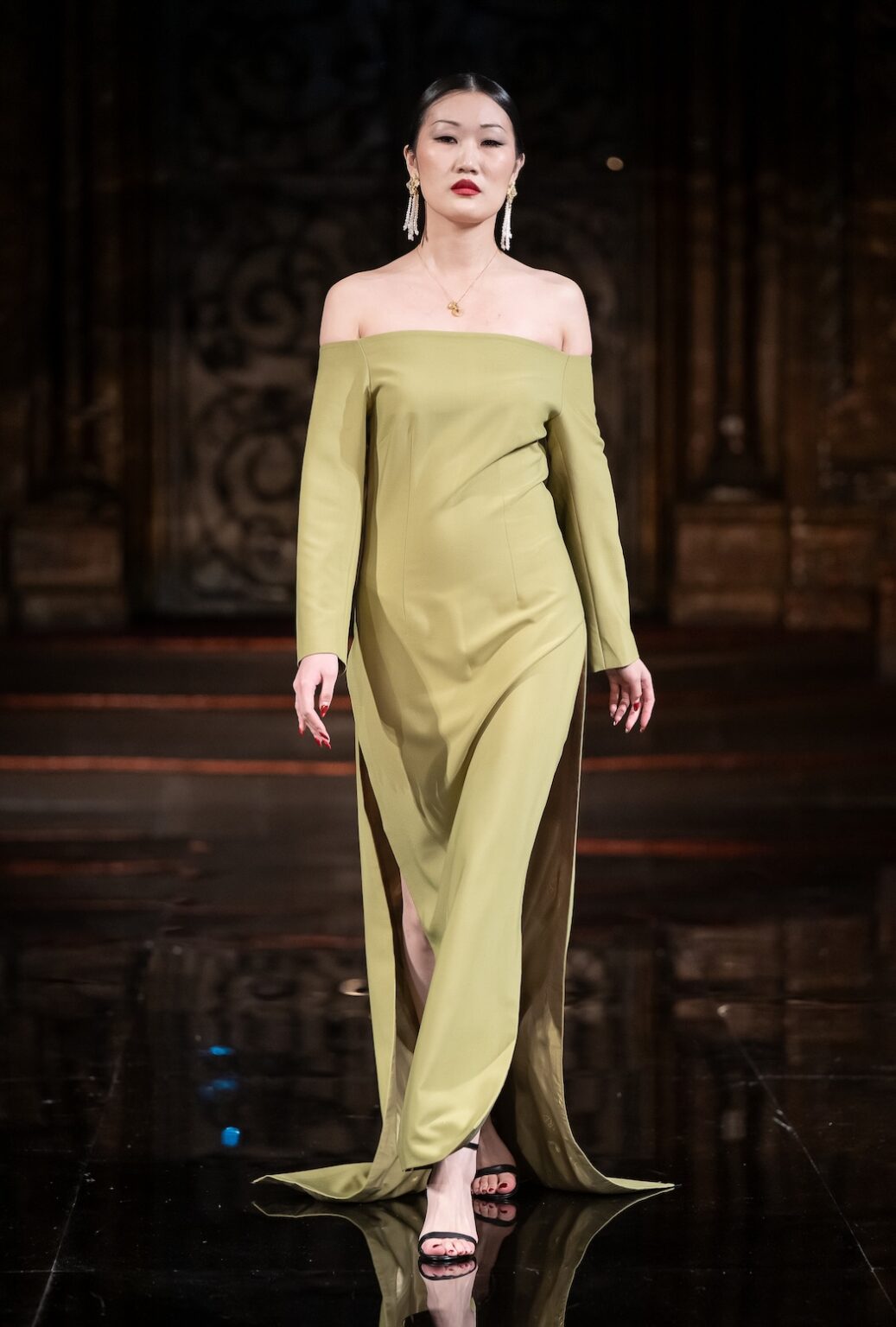 NEW YORK, NEW YORK - FEBRUARY 12: A model walks the runway at the Jingbo Yang show during New York Fashion Week Powered By Art Hearts Fashion at The Angel Orensanz Foundation on February 12, 2026 in New York City. (Photo by Mark Gunter/Getty Images for Art Hearts Fashion)